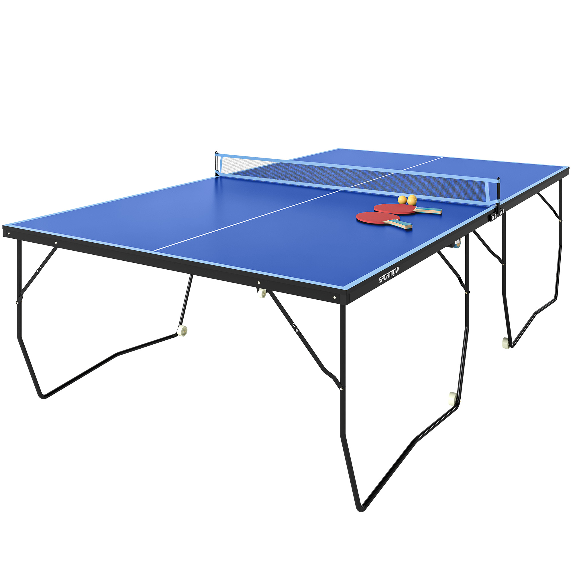 SPORTNOW Tischtennisplatte, Klappbar Tischtennistsich mit Netz, Rollen, 2 Tischtennisschlägern und 3 Bällen, Stahl, Blau, 274 x 152,5 x 76 cm Aosom