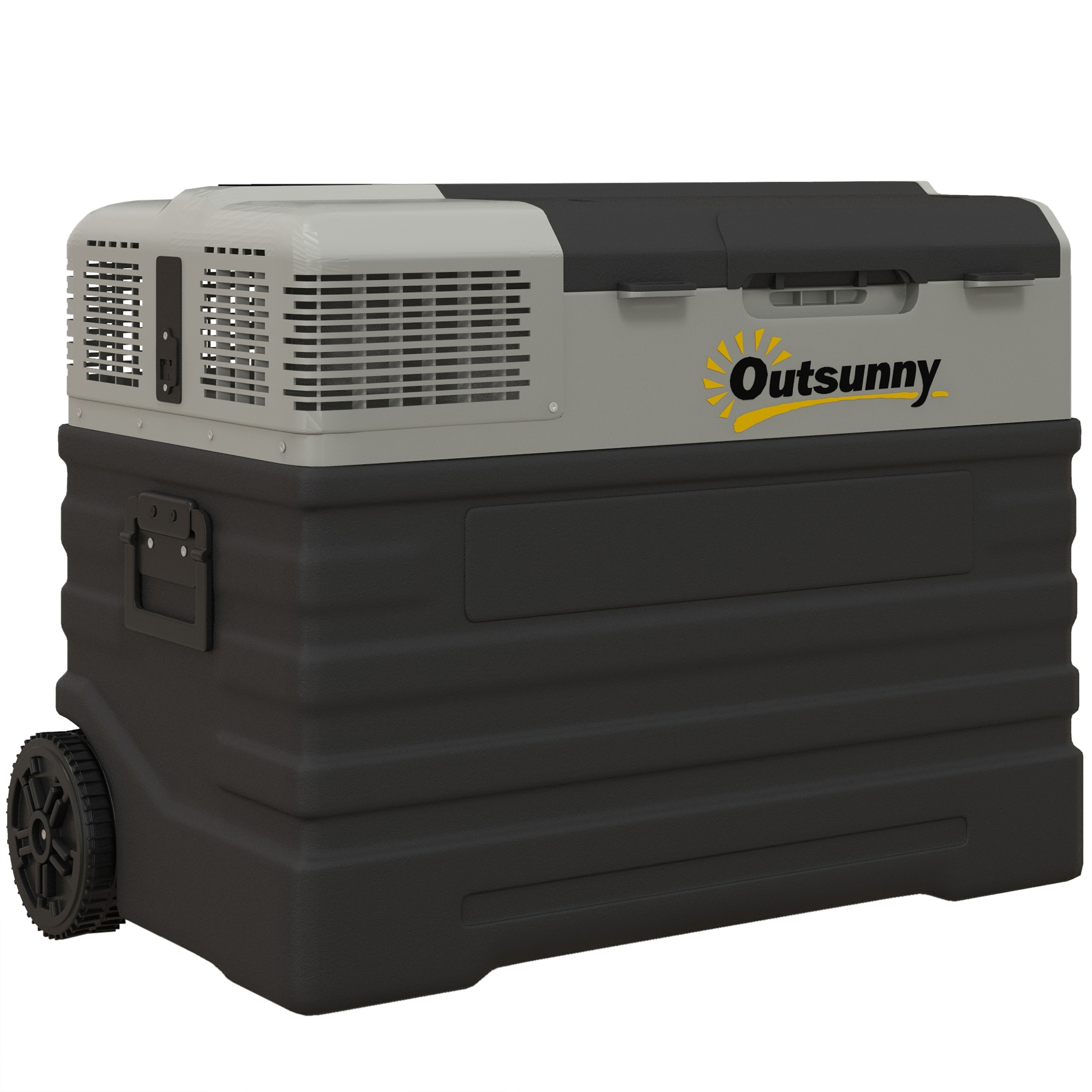 Outsunny Kompressor Kühlbox 56L, Kühlbox Auto 12/24V DC & 240V AC bis -20°C, Tragbar Gefrierbox mit ECO/MAX Modi, Mini Kühlschrank mit Teleskopstange, Rad, für Camping, Lkw, Boot und Steckdose   Aosom