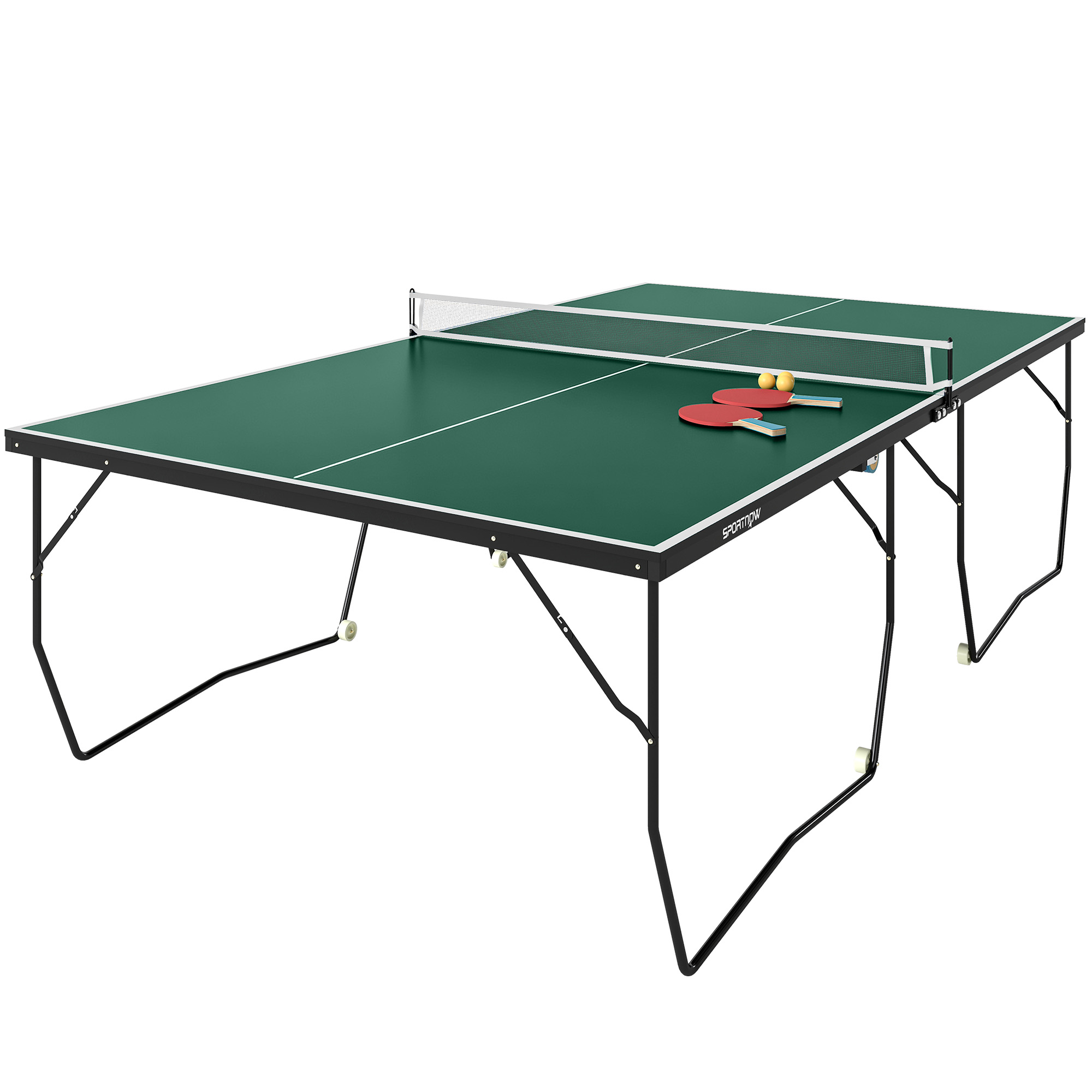 SPORTNOW Indoor Tischtennisplatte mit Rollen, Tischtennistisch Klappbar, Tischtennisspiel-Set mit 2 Tischtennisschlägern, 3 Bällen, Stahl, Grün Aosom