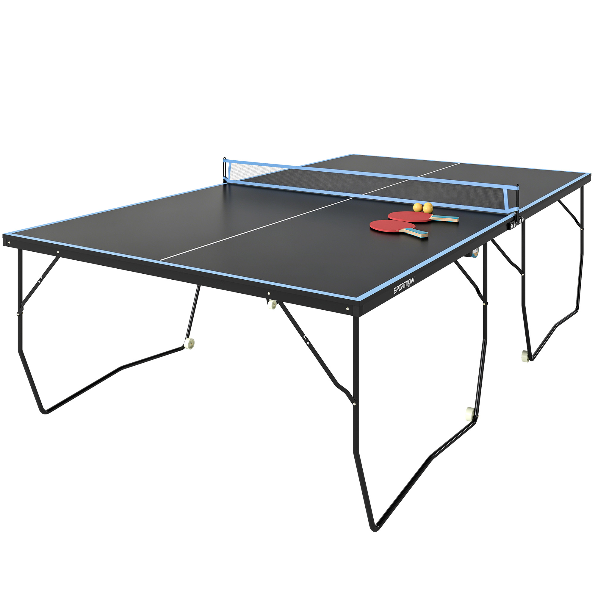 SPORTNOW Tischtennisplatte Outdoor, Klappbar Tischtennistsich mit Netz, Rollen, 2 Tischtennisschlägern und 3 Bällen, Stahl, Schwarz, 274 x 152,5 x 76 cm Aosom