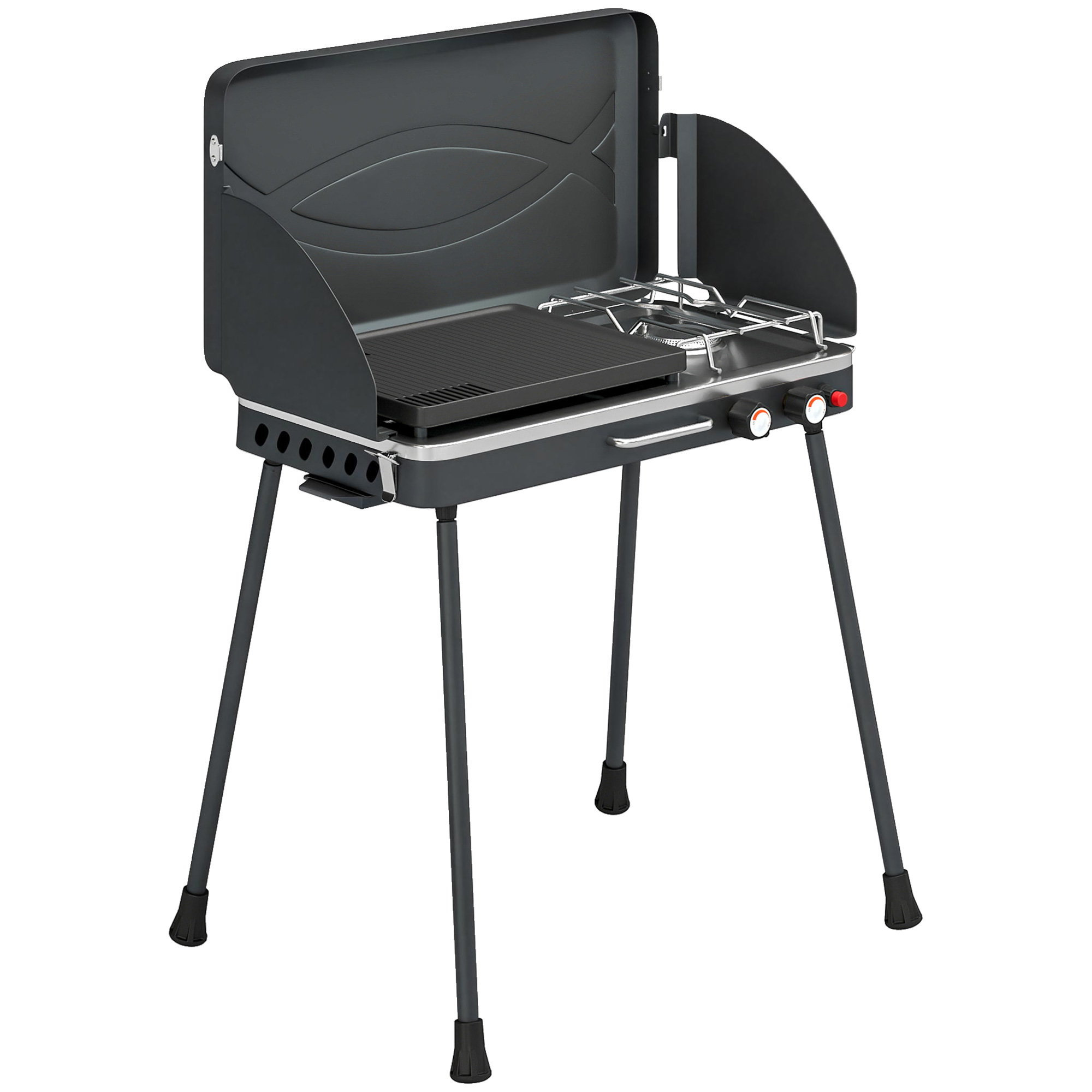 Outsunny Tragbarer Gasgrill 2 Brenner 7 kW 2-in-1 Tischgrill mit Braten klappbar Beine Grillrost Windschutz Deckel Verschluss Antihaftbeschichtung, Campinggrill Outdoor Tischgasgrill für BBQ Camping   Aosom