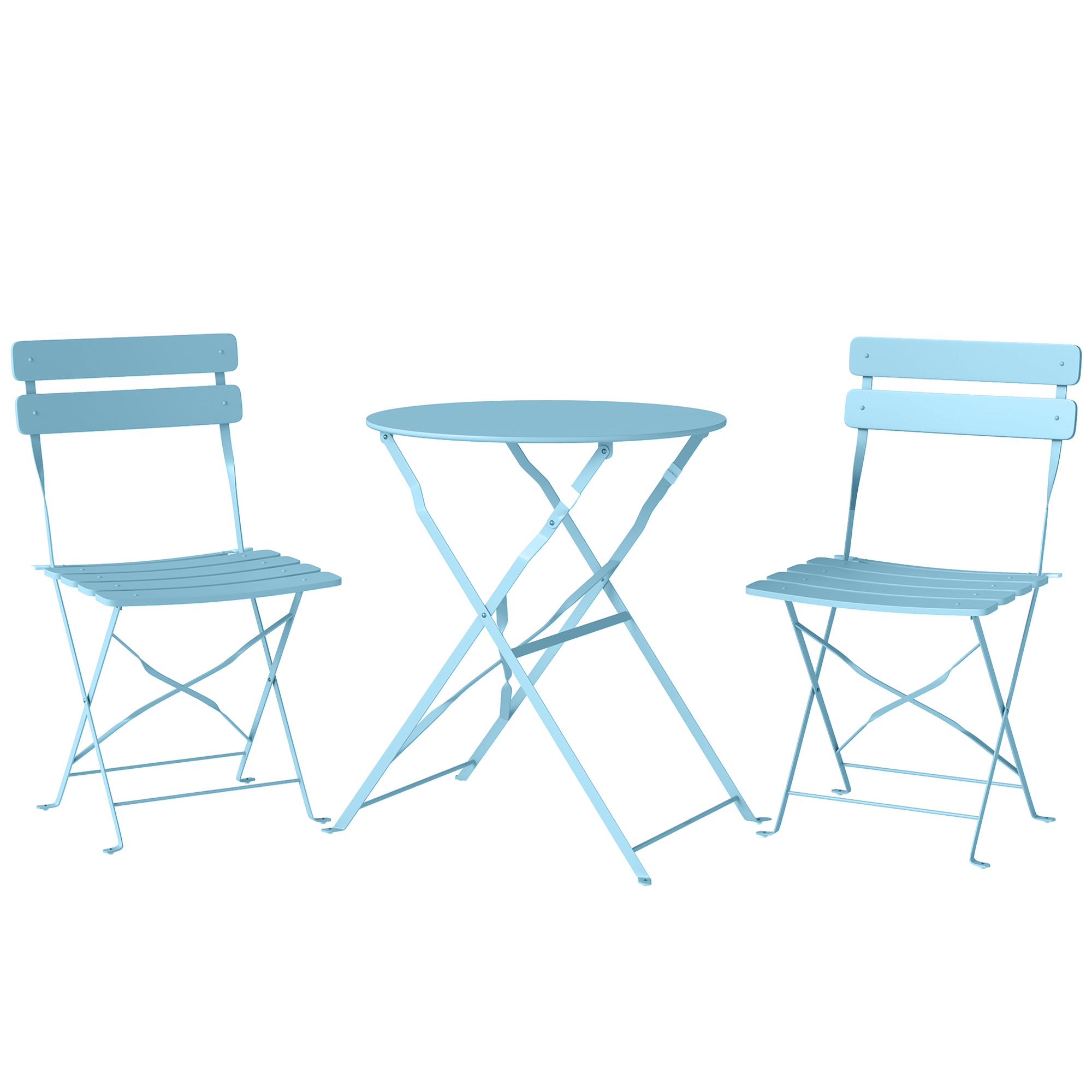 Outsunny 3-teiliges Garten Bistro Set Klappbar Bistrotisch mit 2 Stühlen Lamellen-Sitz Doppelt X-Beine, Rostbeständig Bistro Gartenmöbel Balkonmöbel Set Outdoor Balkonset für Garten Terrasse Hellblau Aosom