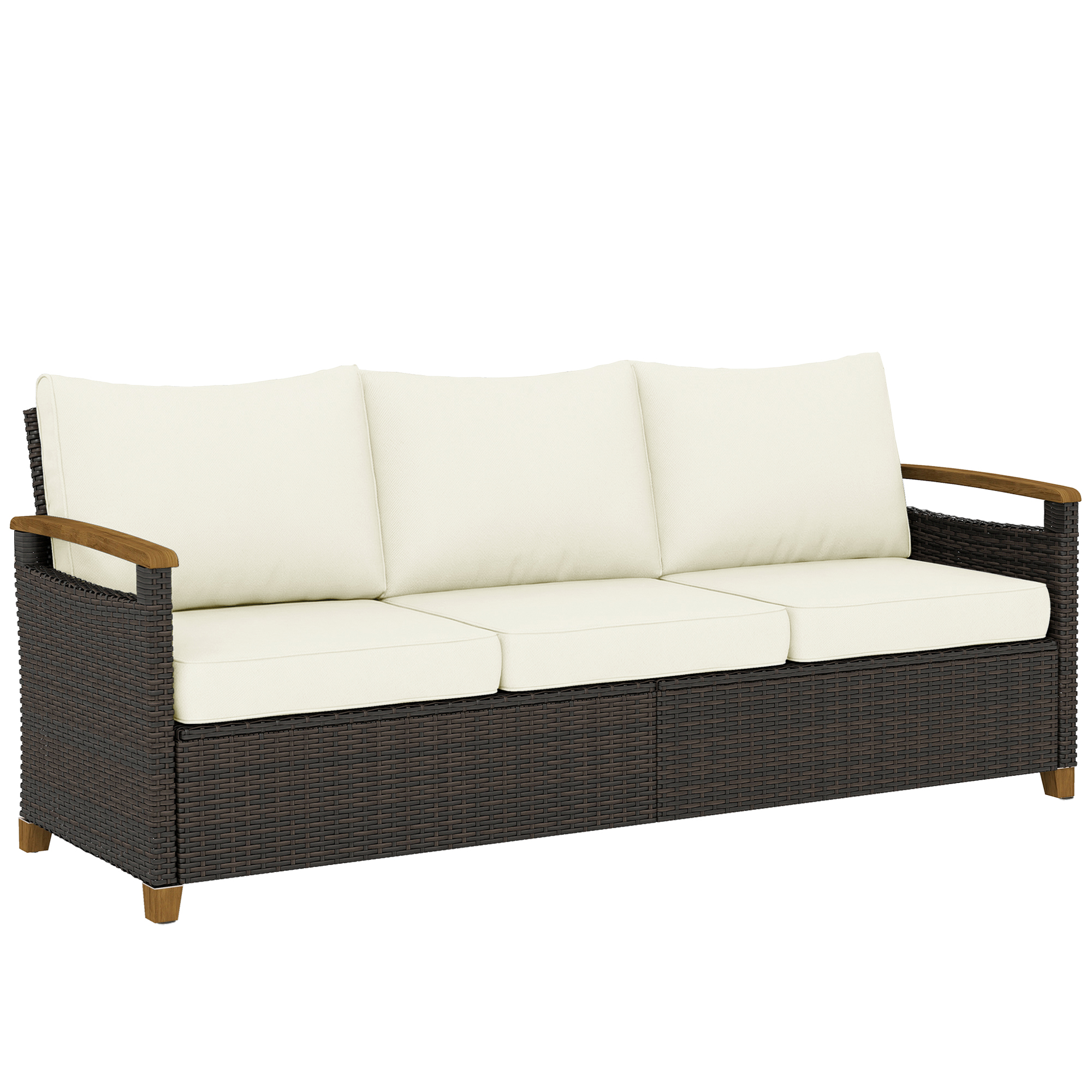 Outsunny Rattan Sofa mit Kissen, 3-Sitzer Gartensofa, Loungesofa Sofa mit Stahlrahmen, Armlehnen und Beine in Holzoptik Gartenmöbel für Terrasse, Garten, Veranda Cremeweiß 192 x 74 x 79 cm Aosom