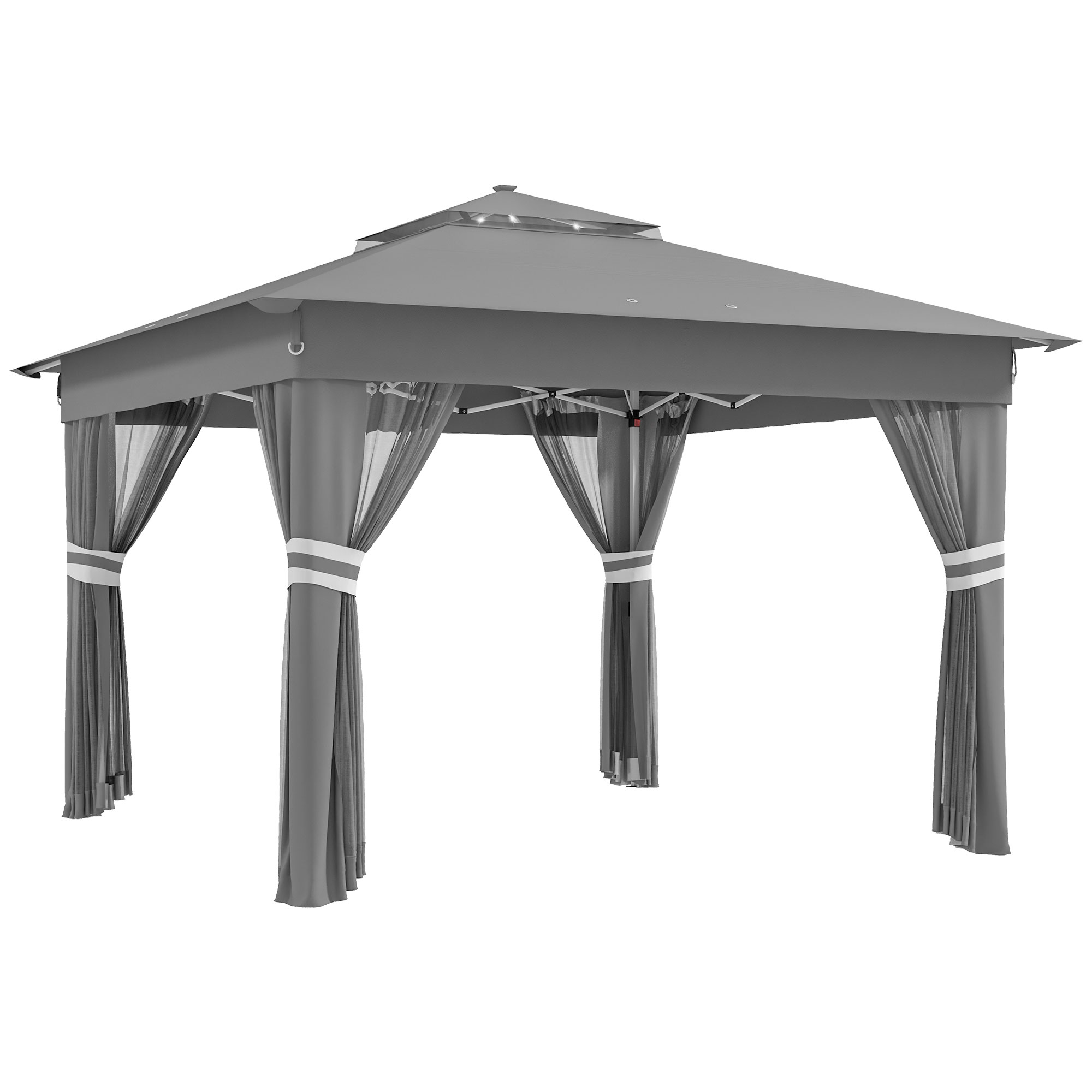 Outsunny Faltpavillon ca. 3 x 3 m, Pavillon mit LED, 4 Netzvorhängen, Seitenwand, Gartenpavillon mit Wassersack, Doppeldach, Tragetasche, Dunkelgrau   Aosom
