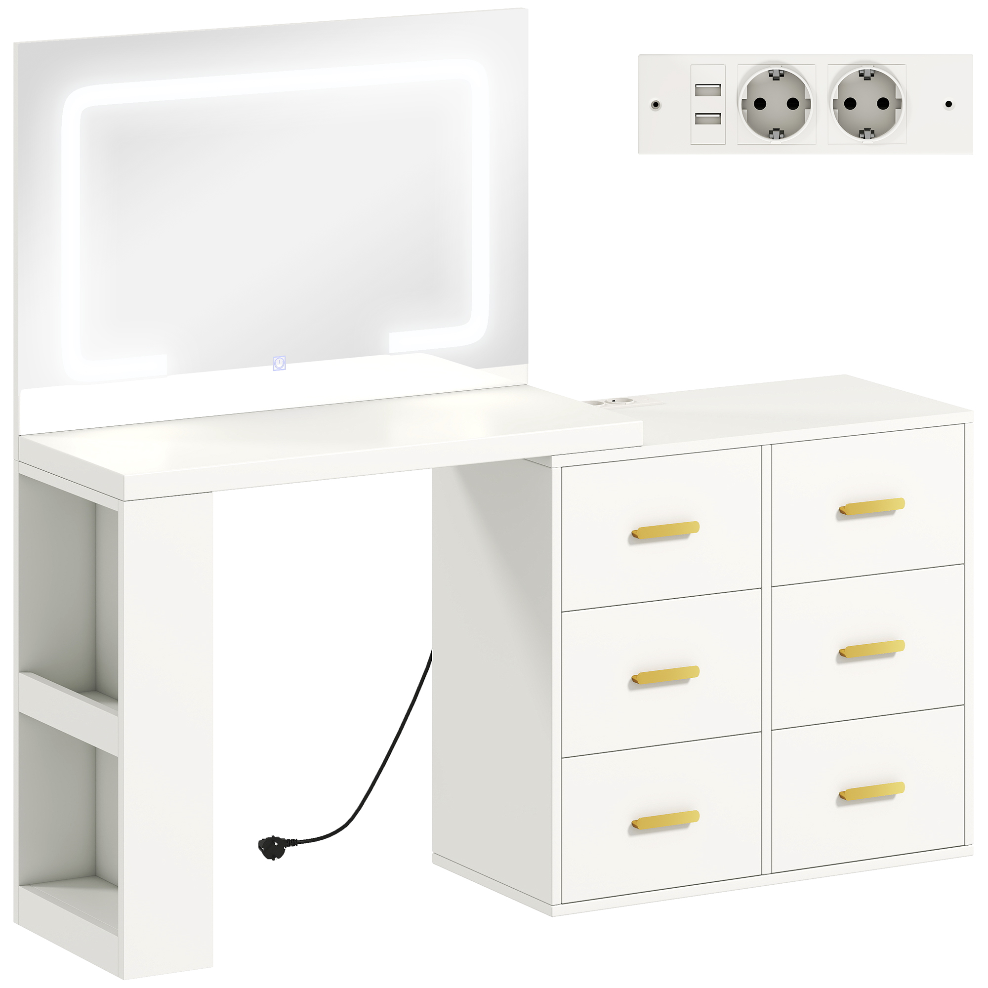 HOMCOM Schminktisch mit LED-Leuchte, 3 Lichtfarben Kosmetiktisch mit Spiegel, Frisiertisch mit Steckdose, 6 Soft-Close-Schubladen und 2 offenen Fächern, Weiß Aosom