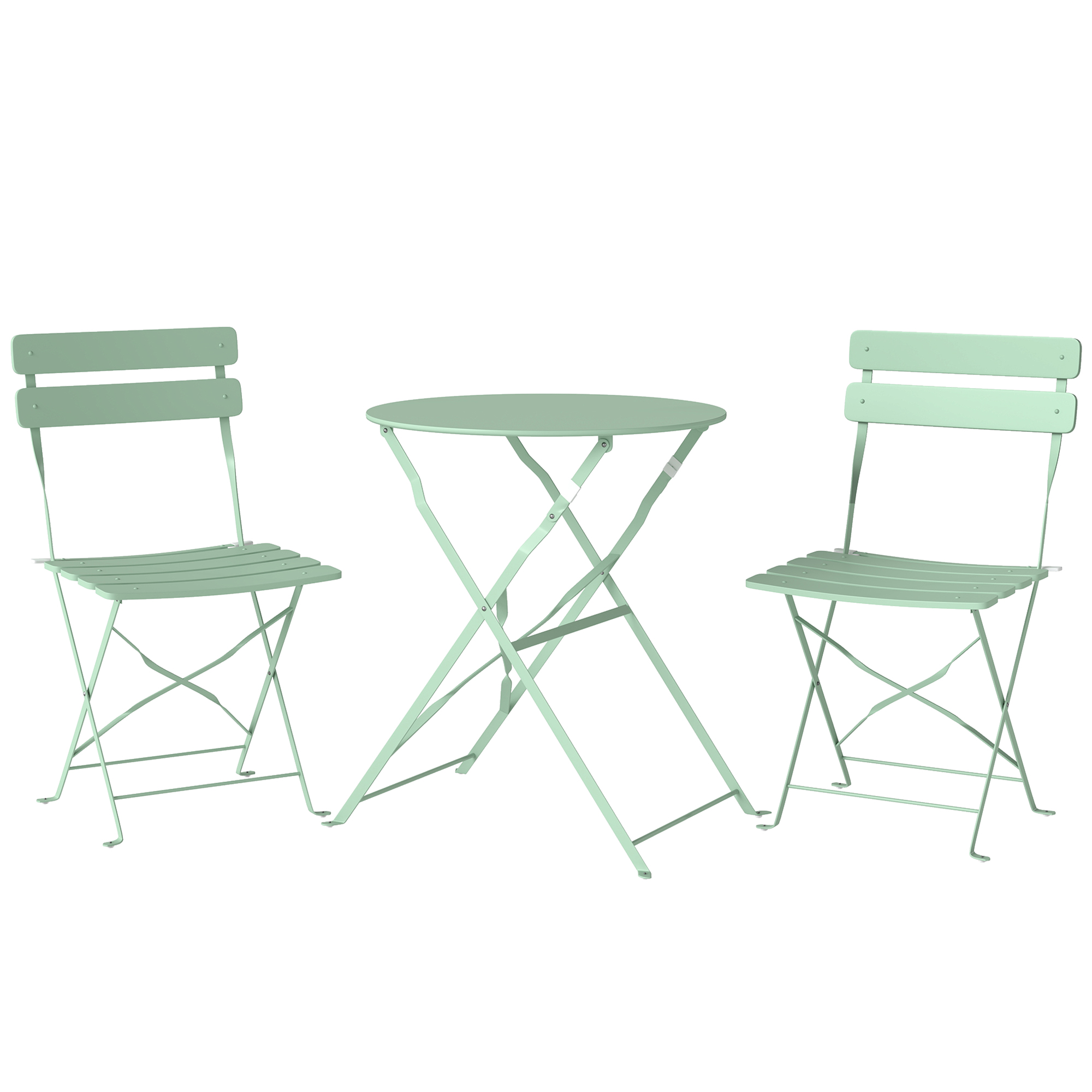 Outsunny 3-teiliges Garten Bistro Set Klappbar Bistrotisch mit 2 Stühlen Lamellen-Sitz Doppelt X-Beine, Rostbeständig Bistro Gartenmöbel Balkonmöbel Set Outdoor Balkonset für Garten Terrasse Grün Aosom