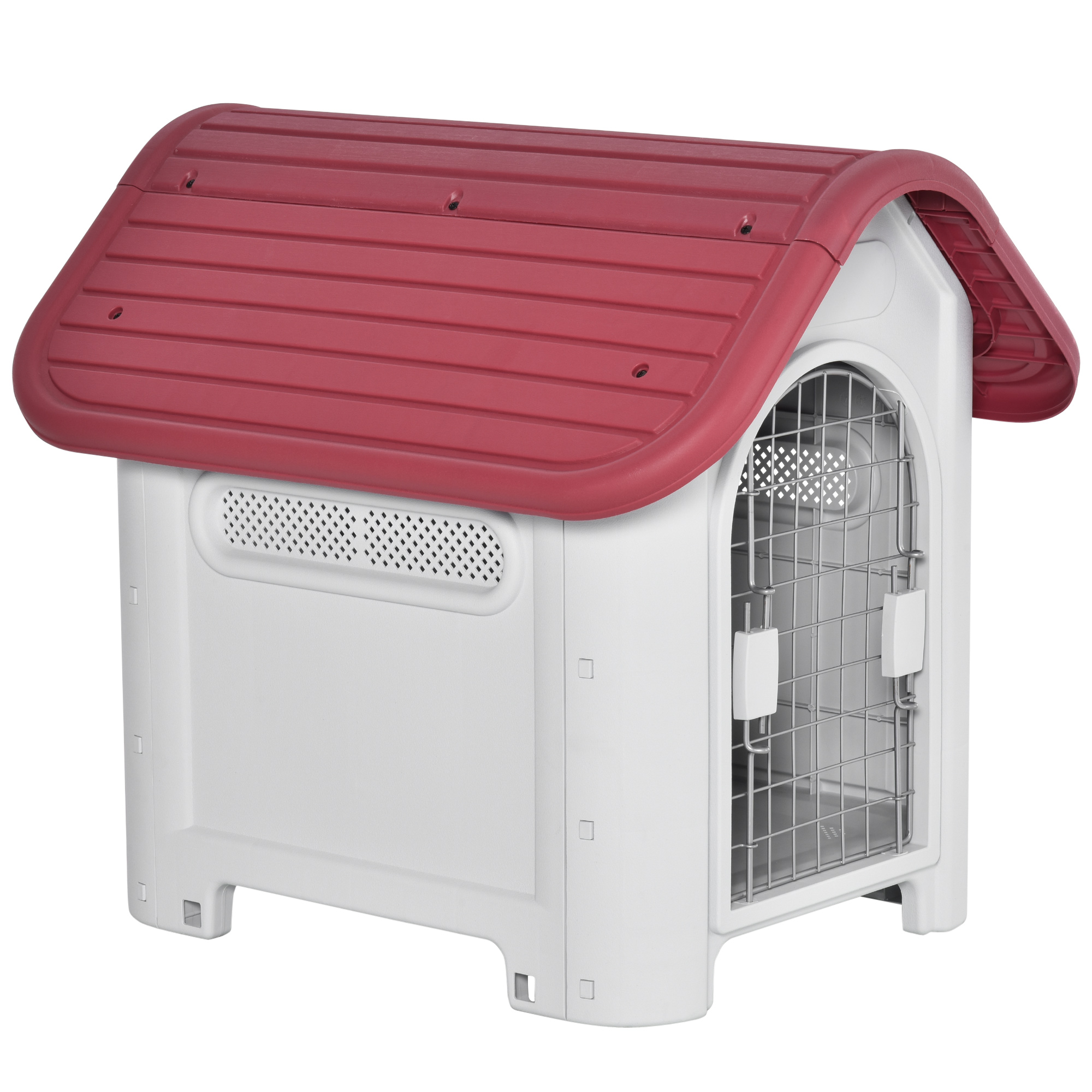 PawHut Hundehütte Outdoor, Hundehaus mit Dachluke, Tor, Unterschlupf für kleine Hunde, Kleintierstall, Luftzirkulation, wasserdicht, Rot  Aosom