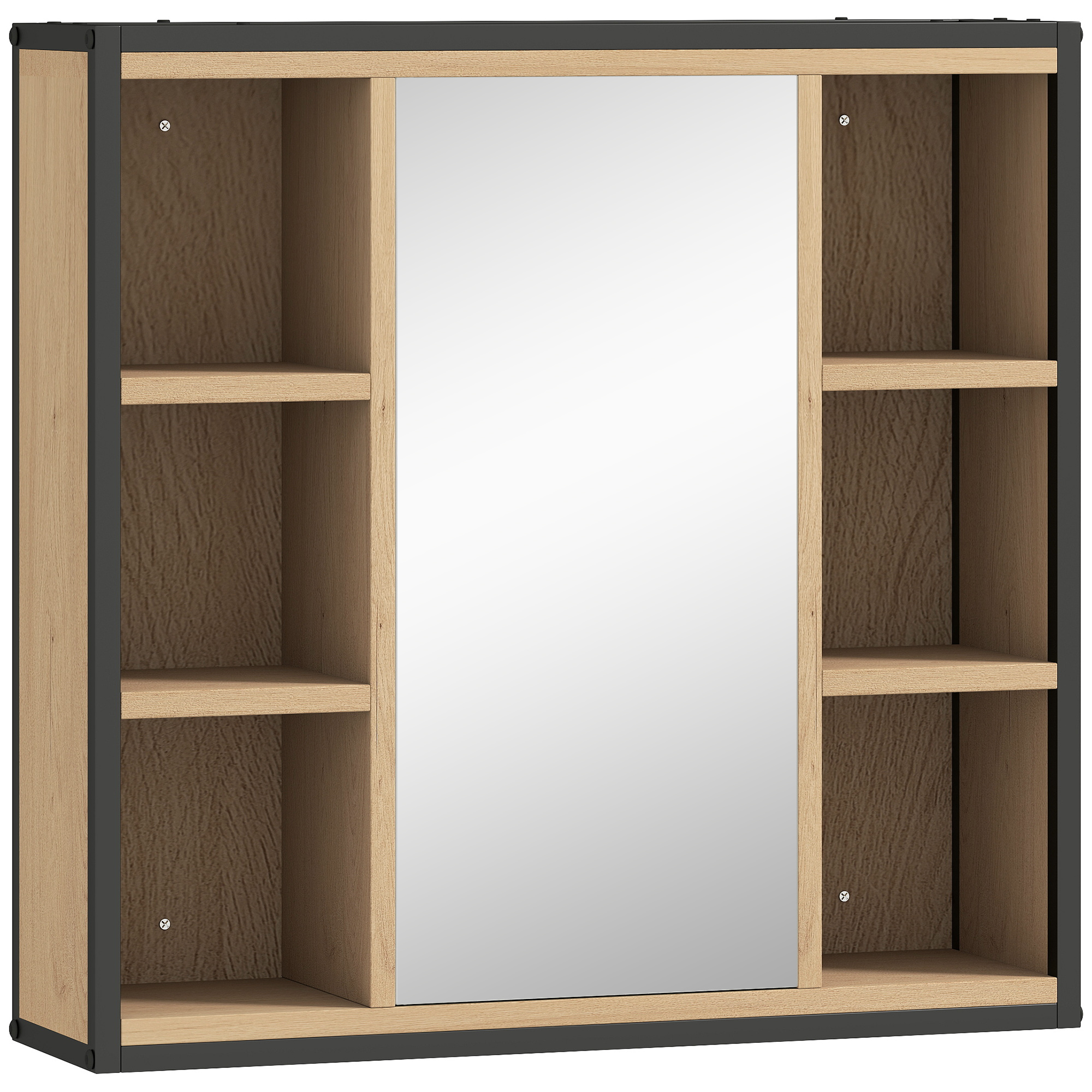 HOMCOM Spiegelschrank, Badezimmerschrank mit Spiegel, 60x16x58,5 cm Industrieller Badschrank mit 6 offenen Fächern, verstellbarem Regal, für Badezimmer, Eiche Aosom