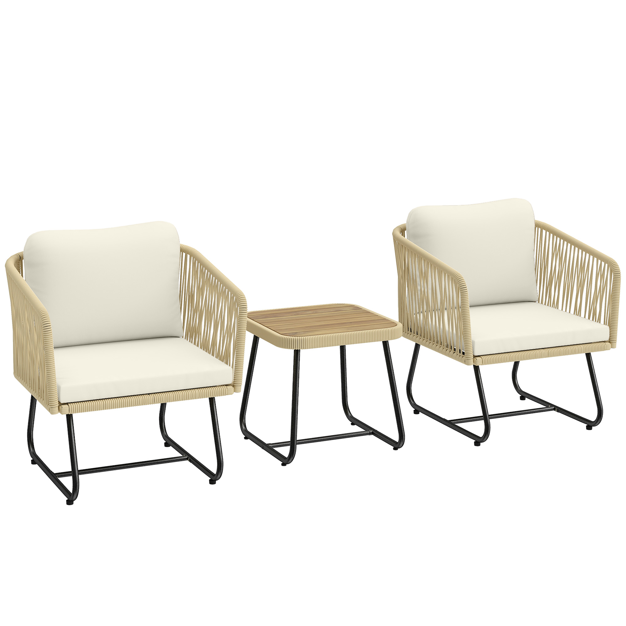 Outsunny Rattan Bistroset 3 teiliges FSC Akazienholz Gartenmöbel-Set mit 2 Sessel, Lamell-Tisch, dicke waschbare Kissen Stahlrahmen, Balkonmöbel-Set Sitzgruppe Gartengarnitur für Garten Cremeweiß Aosom