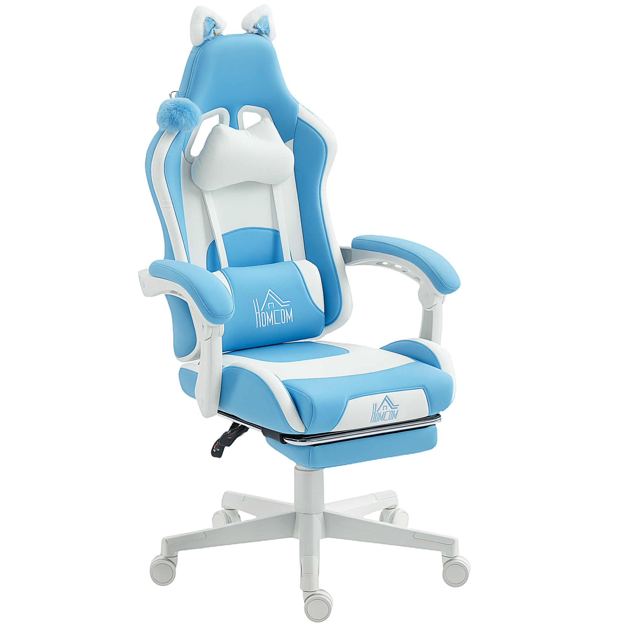 HOMCOM Gaming-Stuhl, Ergonomischer Gamer-Stuhl mit Lendenwirbelstütze, Fußstütze, Gaming-Sessel mit Katzenohren, Kopfkissen, Höhenverstellbar Bürostuhl mit Liegefunktion, Kunstleder, Hellblau   Aosom