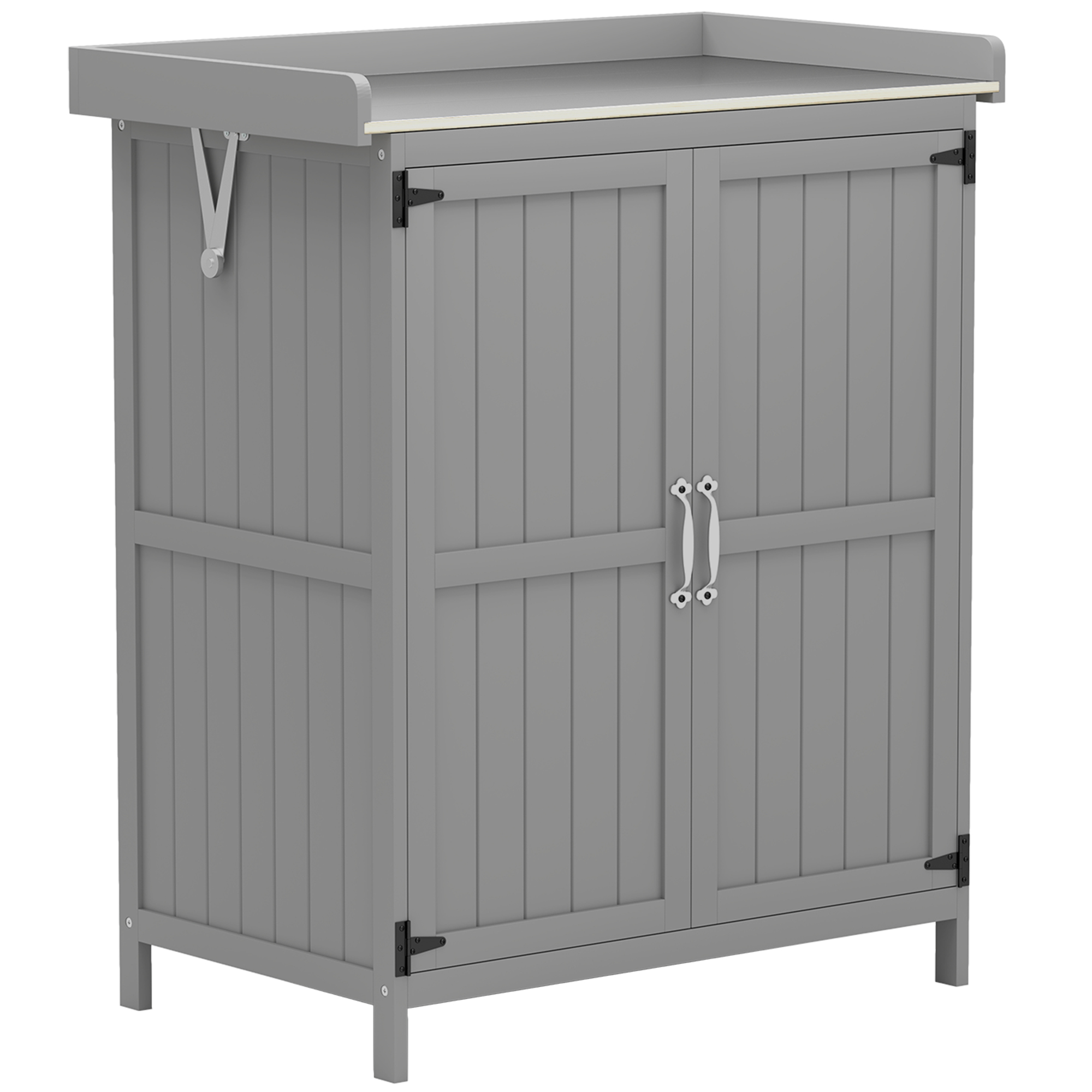 Outsunny Gartenschrank Holz, Geräteschuppen wetterfest 74x43x88cm, Gerätehaus mit Klappdach Ablagen, Arbeitsfläche, Geräteschrank, Gartenhaus Werkzeugschrank Gartenschuppen für Garten, Terrasse, Grau   Aosom