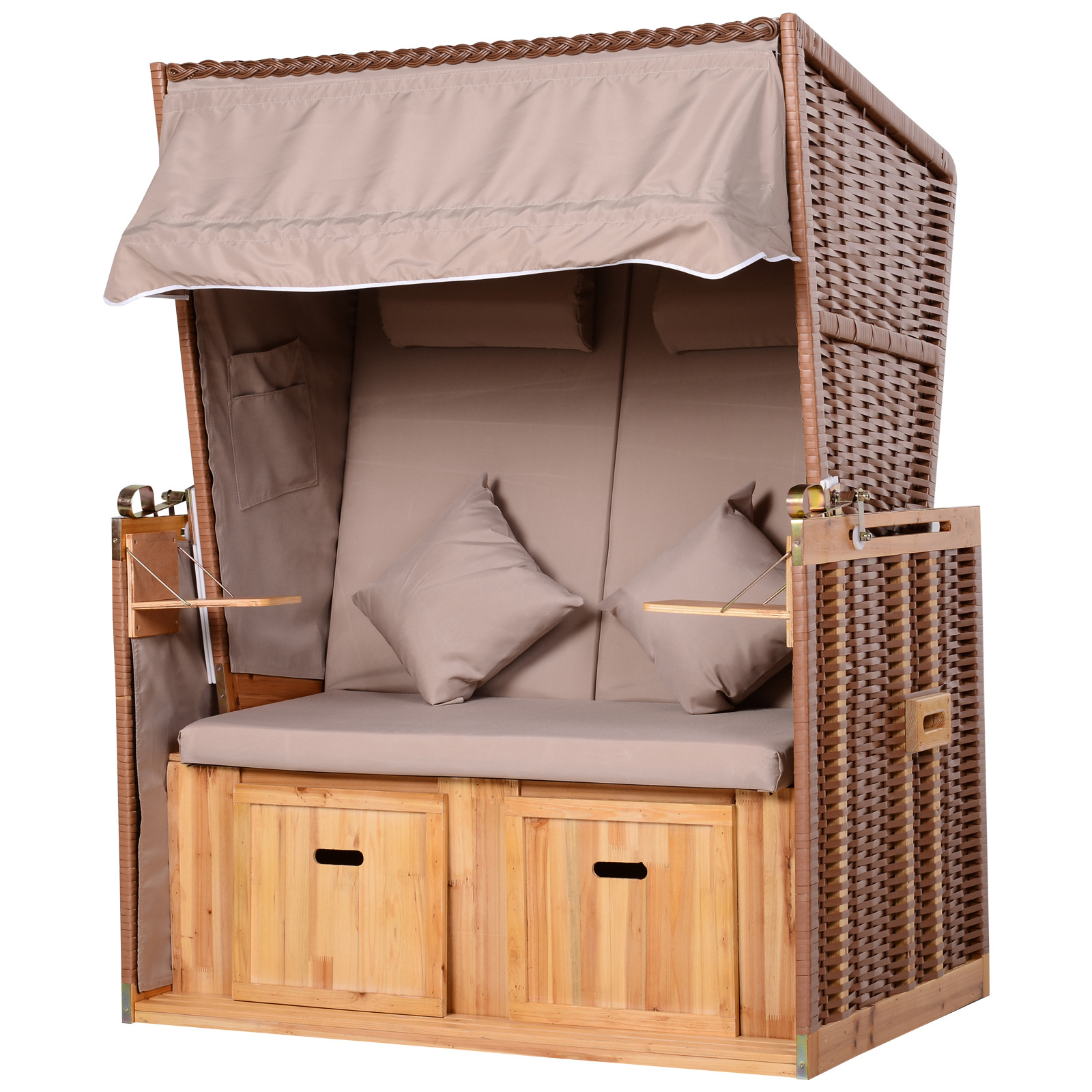 Outsunny Strandkorb mit Sitzhocker und Klapptisch, Volllieger Gartenliege mit Getränkehaltern, PE Rattan Beige 118x79x160 cm für entspannte Stunden Aosom.de