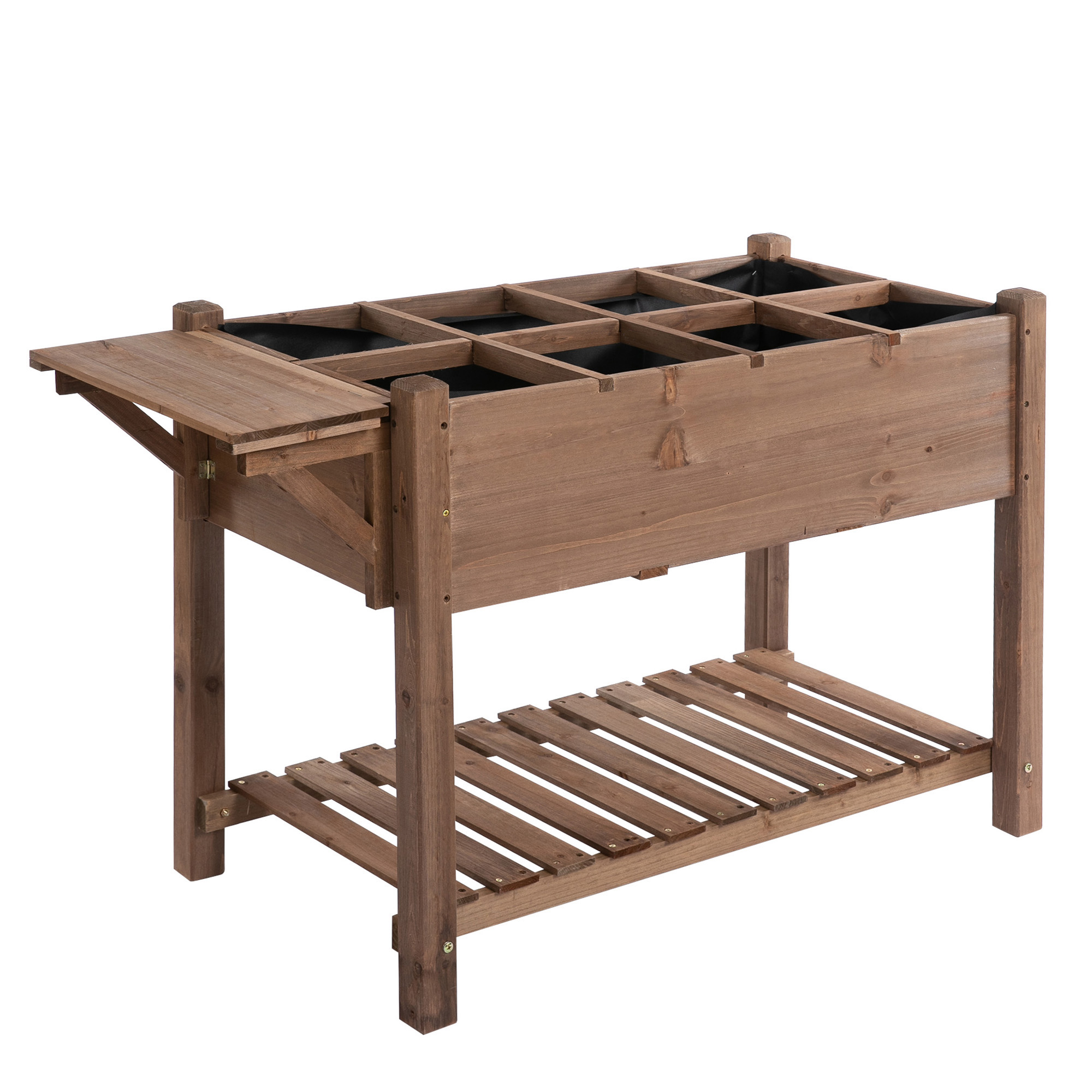 Outsunny Hochbeet Pflanzkasten 123x54x74cm mit 8 Gittern & faltbarer Ablage aus massivem Holz in Braun für Garten & Terrasse   Aosom.de