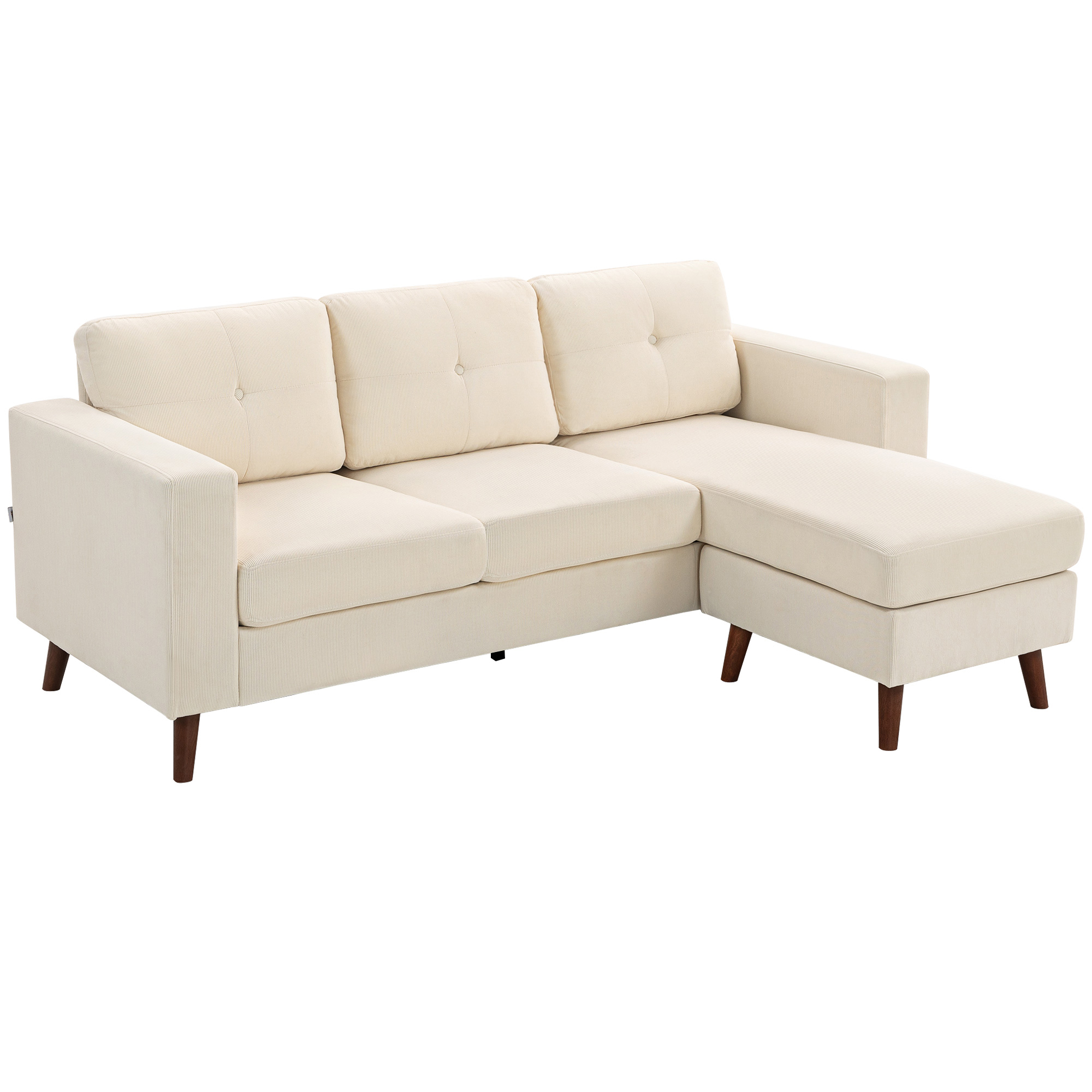 HOMCOM Ecksofa 192 cm L-Form 3-Sitzer Sofa mit umkehrbarer Chaiselongue, Cord-Optik Gepolsterte Eckcouch, Couch für kleinen Raum, Wohnzimmer, Cremeweiß Aosom