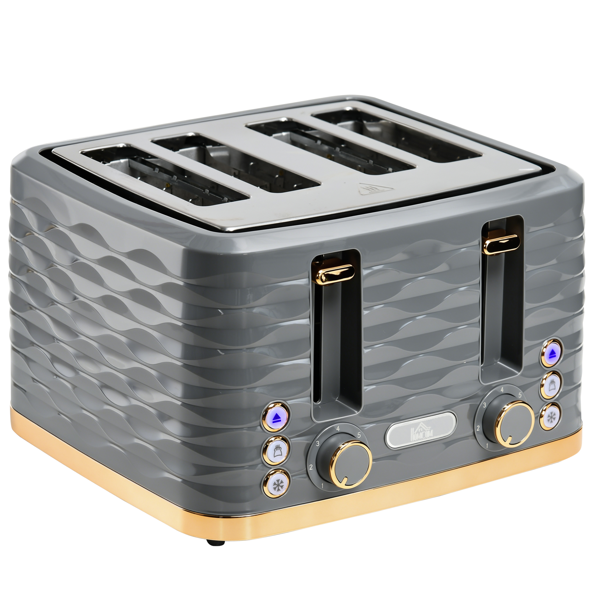 HOMCOM 4-Scheiben-Toaster mit 7 Bräunungsstufen, High-Lift, Aufwärm-/Auftau-/Abbruchs-Funktion, Selbstzentrierung, Herausnehmbare Krümelschublade, Automatische Abschaltung, 1860W, Graue Wellenoptik   Aosom