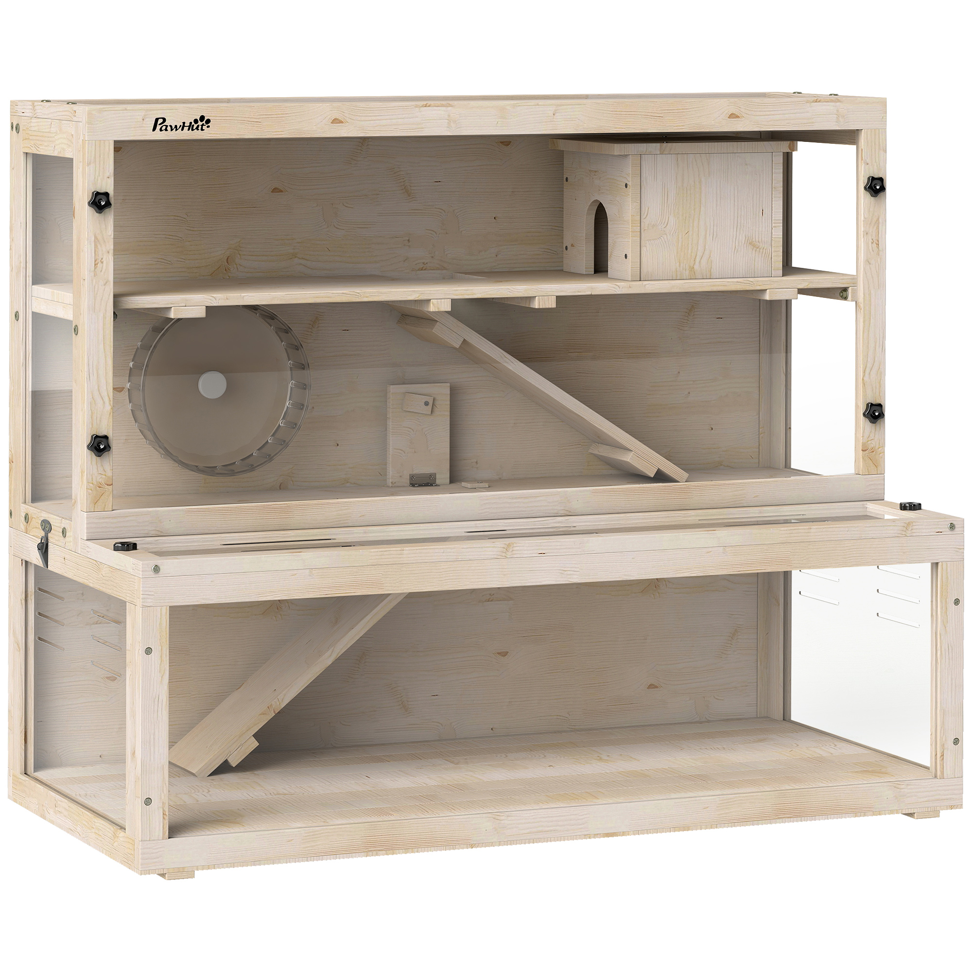 PawHut Hamsterkäfig aus Holz 100 x 50 x 84 cm Nagerkäfig 3 Etagen Kleintierkäfig mit Sichtfenster, Laufrad, Rampe, Häuschen, Mäusekäfig Käfig für Zwerghamster Naturholz Aosom