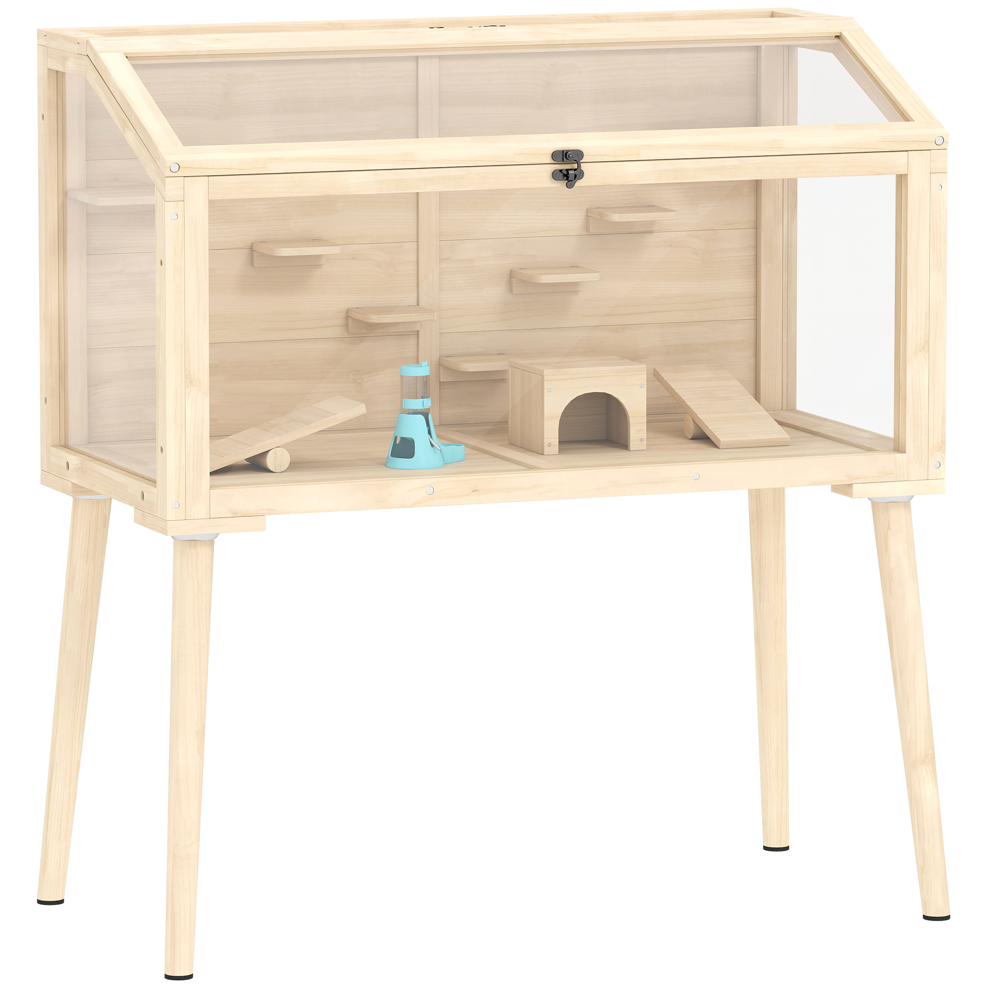 PawHut Hamsterkäfig, Zwerghamstergehege, Kleintierstall mit Zubehör, Wasserflasche, 110 x 52 x 101 cm, Holz, Kunststoff Aosom
