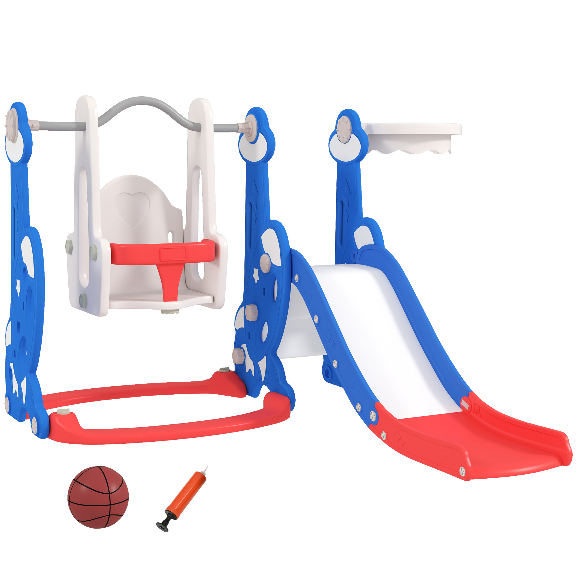 AIYAPLAY 4-in-1 Kinderrutsche, freistehende Gartenschaukel mit Kletterleiter und Basketballkorb, Spielplatz-Set für Innen und Außen, Kinderzimmer, 18-48 Monate, Dunkelblau Aosom