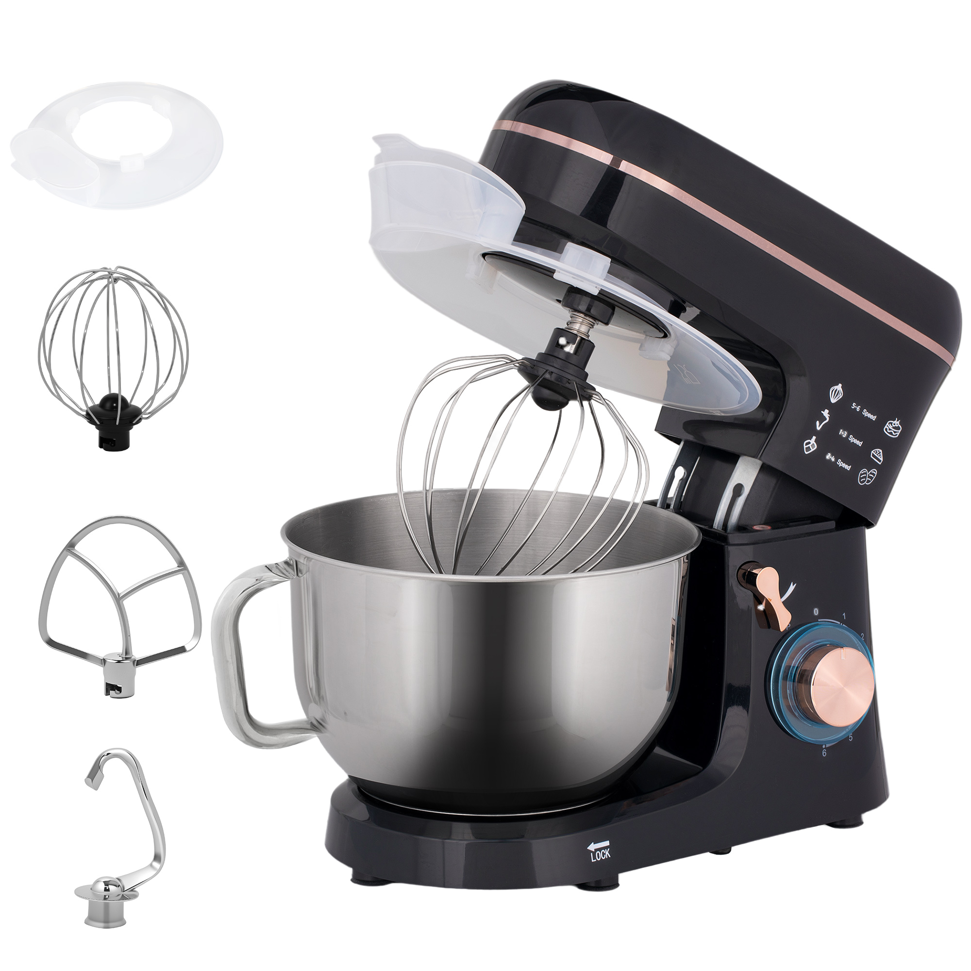 HOMCOM Küchenmaschine Knetmaschine 5,5L Edelstahlschüssel 1400W 6+P Geschwindigkeits Teigmaschine mit Rührhaken, Knethaken, Schlagbesen, Spritzschutz, Teigschaber und Eiertrenner Schwarz Aosom