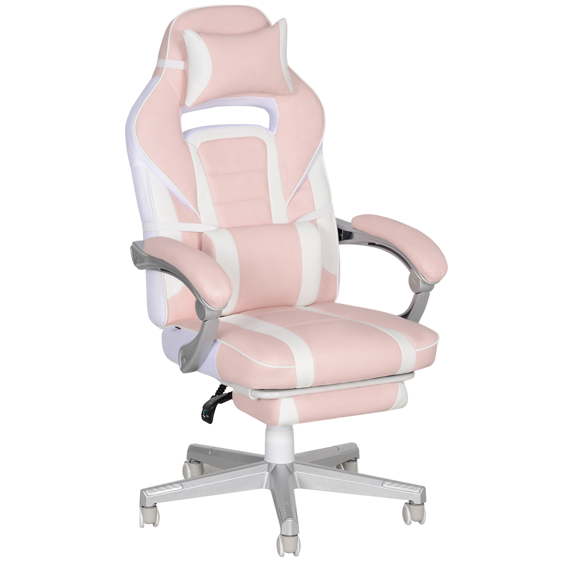 HOMCOM Gamingstuhl mit Fußstütze, höhenverstellbar Schreibtischstuhl mit Kopf- und Lendenkissen, drehbar Gaming Sessel mit neigbare Rückenlehne, Kunstleder, bis 120 kg, Rosa Aosom