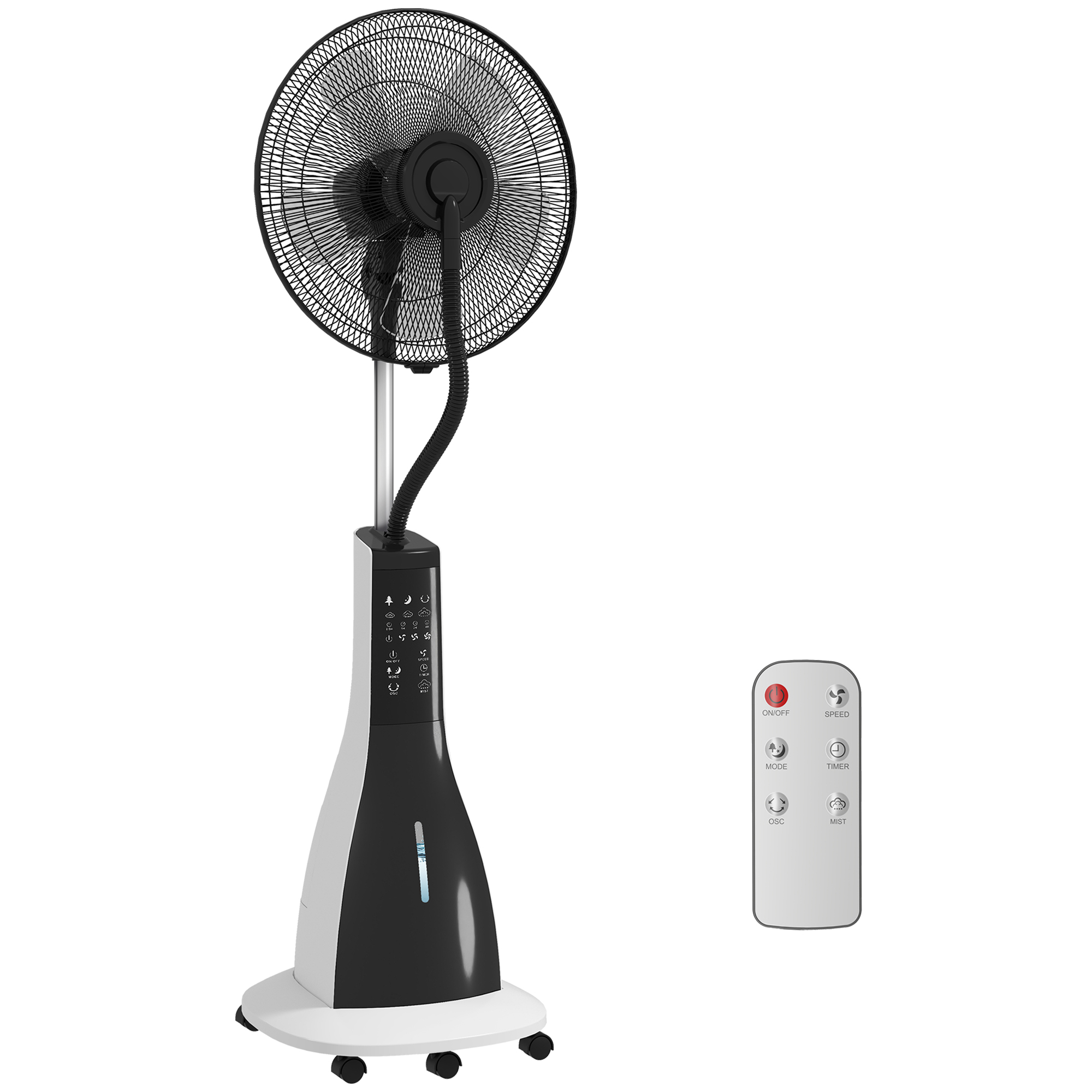 HOMCOM Ventilator mit Wasserkühlung, Standventilator mit Sprühnebel, Fernbedienung, Timerfunktion, oszillierend, 3 Stufen, 3 L Wassertank, 90 W Wasserventilator mit Rollen, 125 cm   Aosom