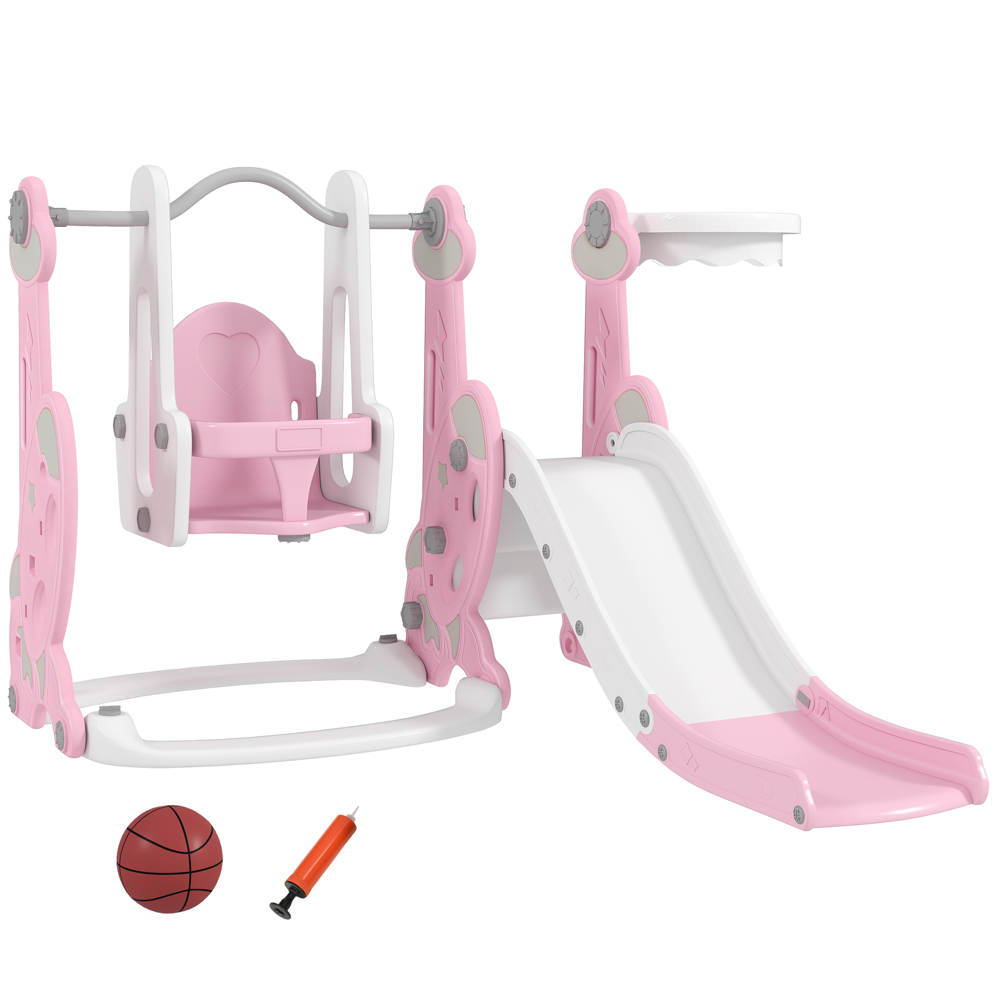 AIYAPLAY 4-in-1 Kinderrutsche, freistehende Gartenschaukel mit Rutsche, Kletterleiter und Basketballkorb, Spielplatz-Set für Innen und Außen, Kinderzimmer, 18-48 Monate, Rosa Aosom
