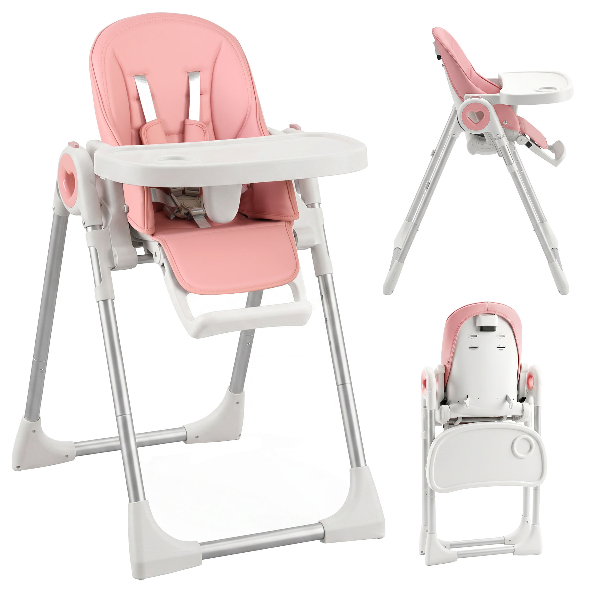 AIYAPLAY Mitwachsender Hochstuhl für Kinder 6-36 Monate/15 kg, Klappbarer, verstellbarer Hochstuhl, Höhen- und Fußstützenverstellbar, Doppel-Tablett abnehmbar & spülmaschinengeeignet, Räder, 5-Punkt-Gurt, Rosa   Aosom