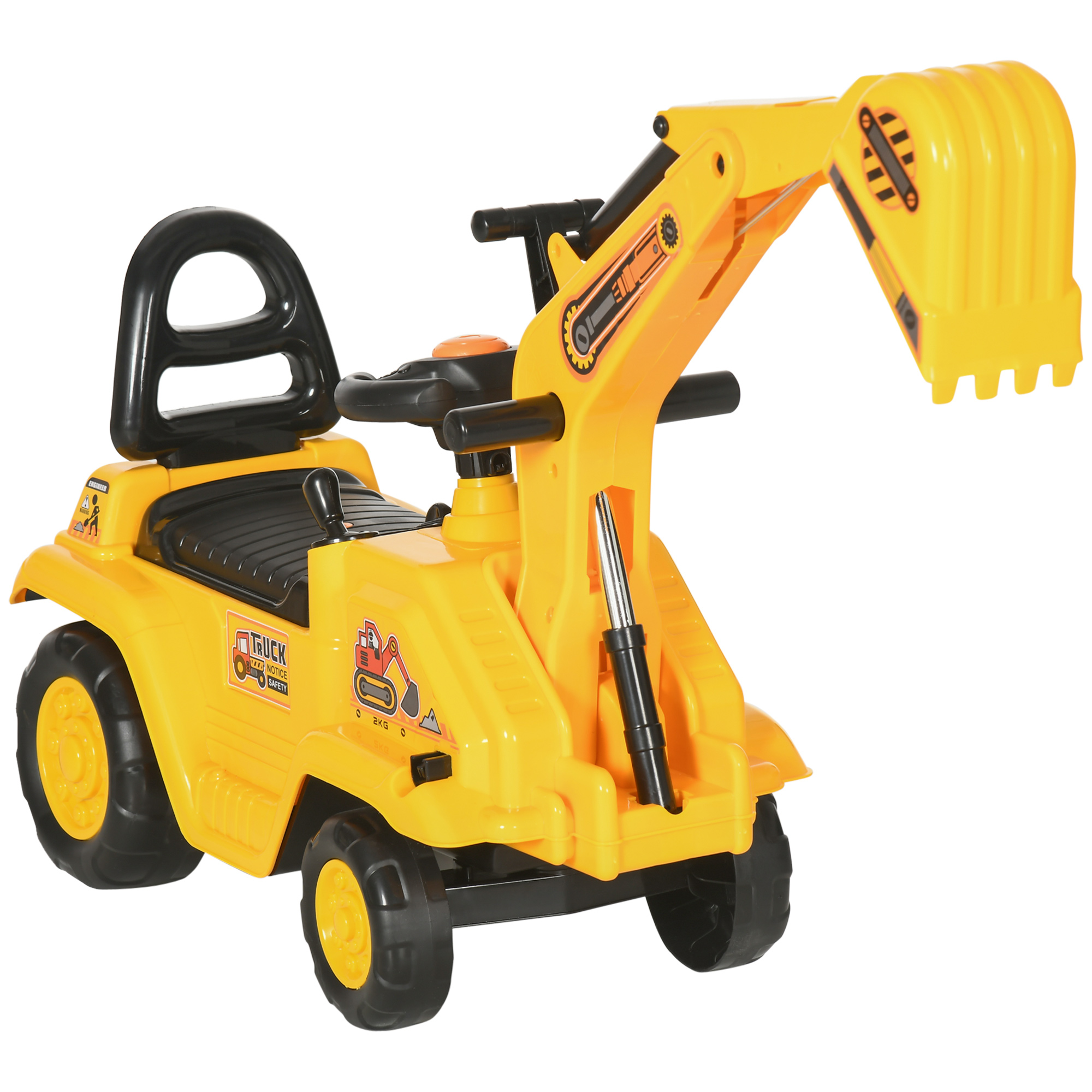 HOMCOM Sitz-Bagger für Kinder mit Schaufel und Stauraum, Spielbagger aus PP und ABS mit Hupe, Lenkrad, 18-48 Monate, 87x28x58 cm, Gelb   Aosom