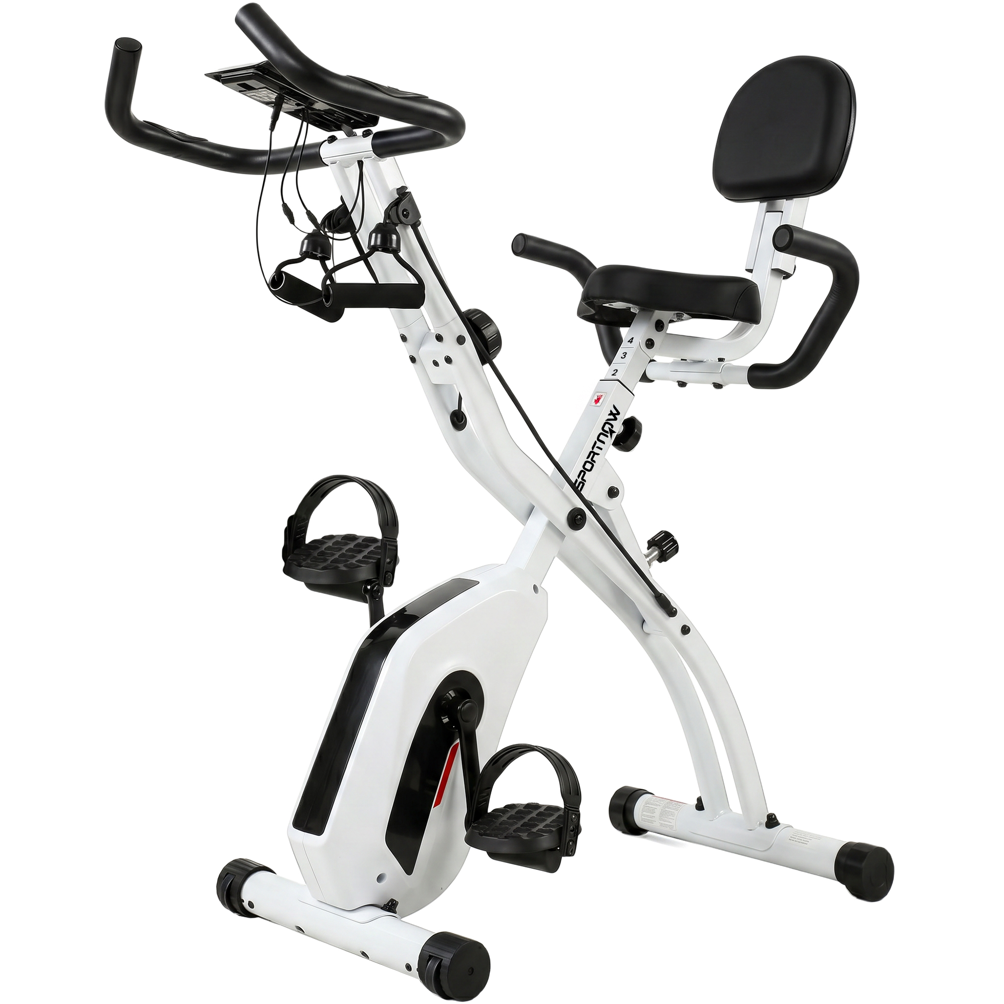 SPORTNOW Klappbarer Heimtrainer 3-in-1 mit Rückenlehne, 8-stufigem Magnetwiderstand, einstellbar, Bluetooth, LCD-Display, Schwungrad, Widerstandsbänder, Pulssensor, Handyhalter, Weiß Aosom