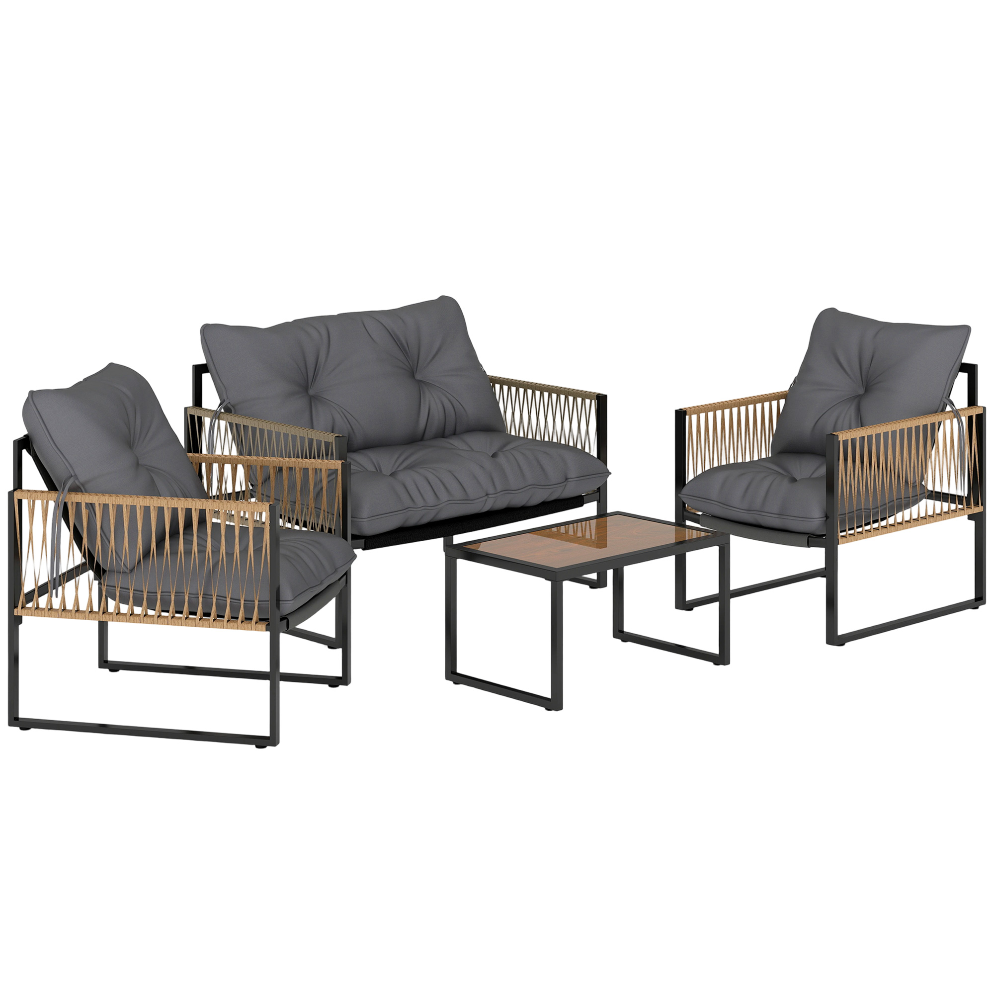 Outsunny 4 tlg Rattan Gartenmöbel Set mit Kissen, Gartensitzgruppe, 1 Couchtisch aus Glas, 2 Sessel, 1 Doppelsofa, elegante Sitzgarnitur   Aosom.de