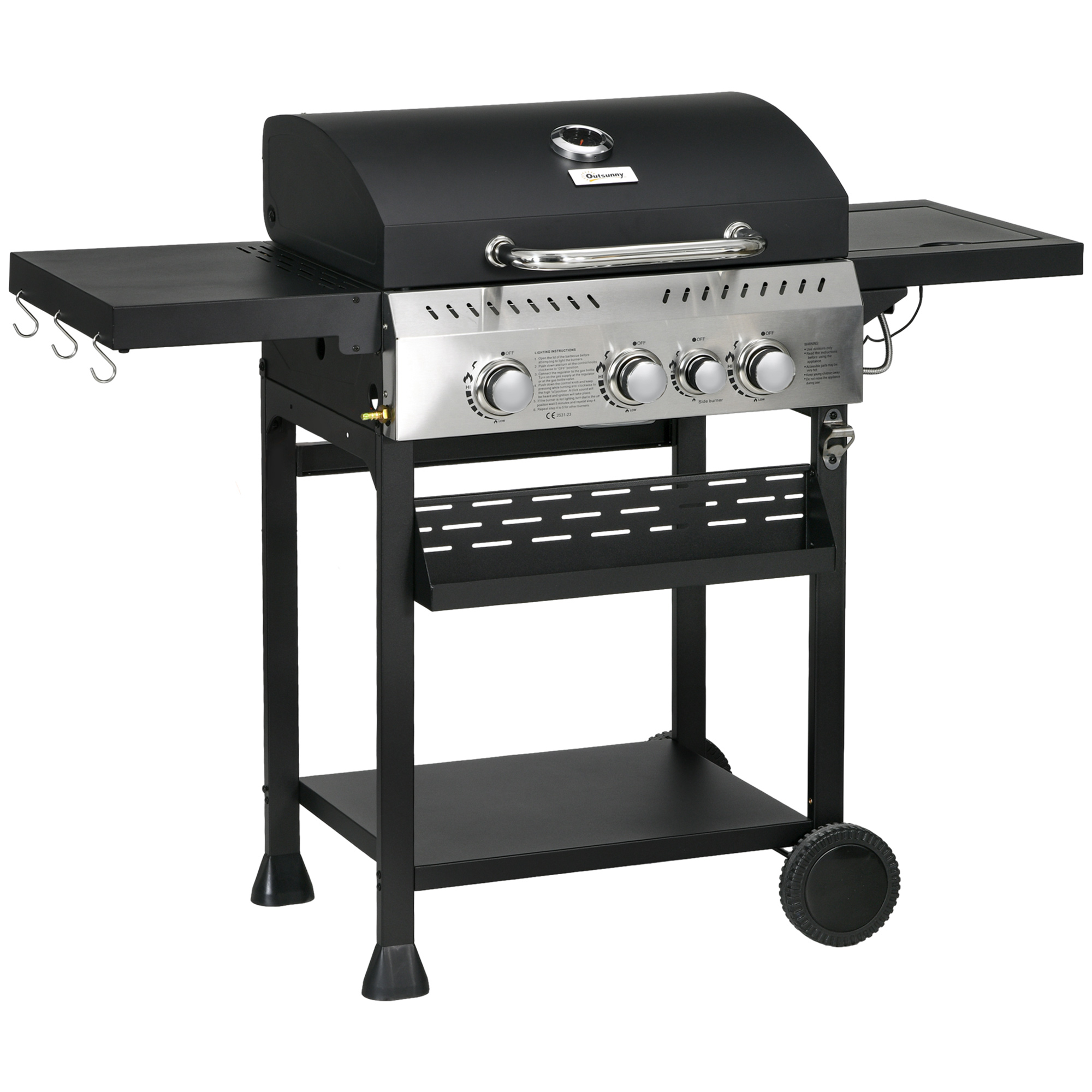 Outsunny Gasgrill 3 KW 3+1 Brenner BBQ Grillwagen aus Edelstahl inkl Seitenbrenner Thermometer Grillrost Kochfeld Flaschenöffner Seitenablagen Gas-Grill für Balkon Camping 123 x 52 x 101cm   Aosom
