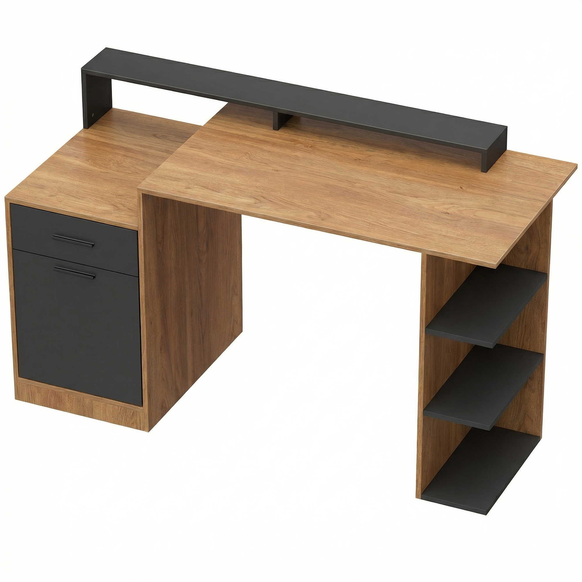 HOMCOM Bürotisch 140x60 cm, Computertisch mit Schubladen & Stauraum,Schreibtisch mit Regal und Schrank,PC Tisch für Arbeitszimmer, Eiche Aosom