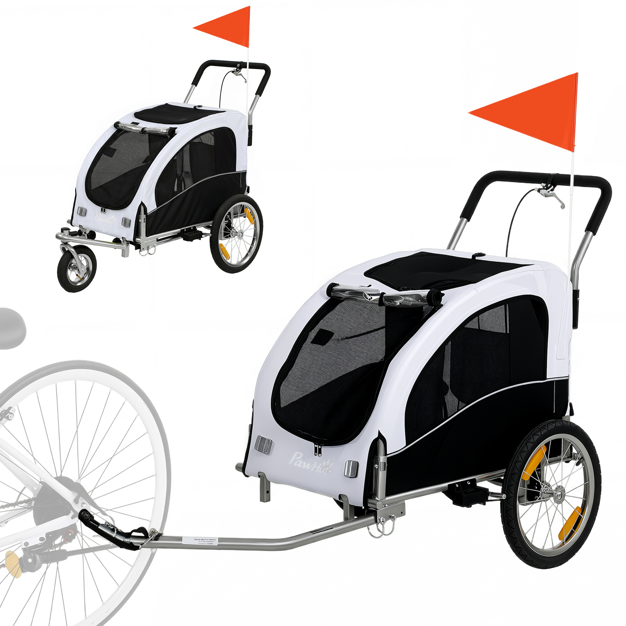 PawHut 2-in-1 Hundeanhänger für Fahrrad Hundebuggy für kleine & mittelgroße Hunde bis 20 kg Faltbarer Fahrradanhänger mit 600D Oxford, Reflektoren, Handbremse, Universelle Kupplung, Weiß Aosom
