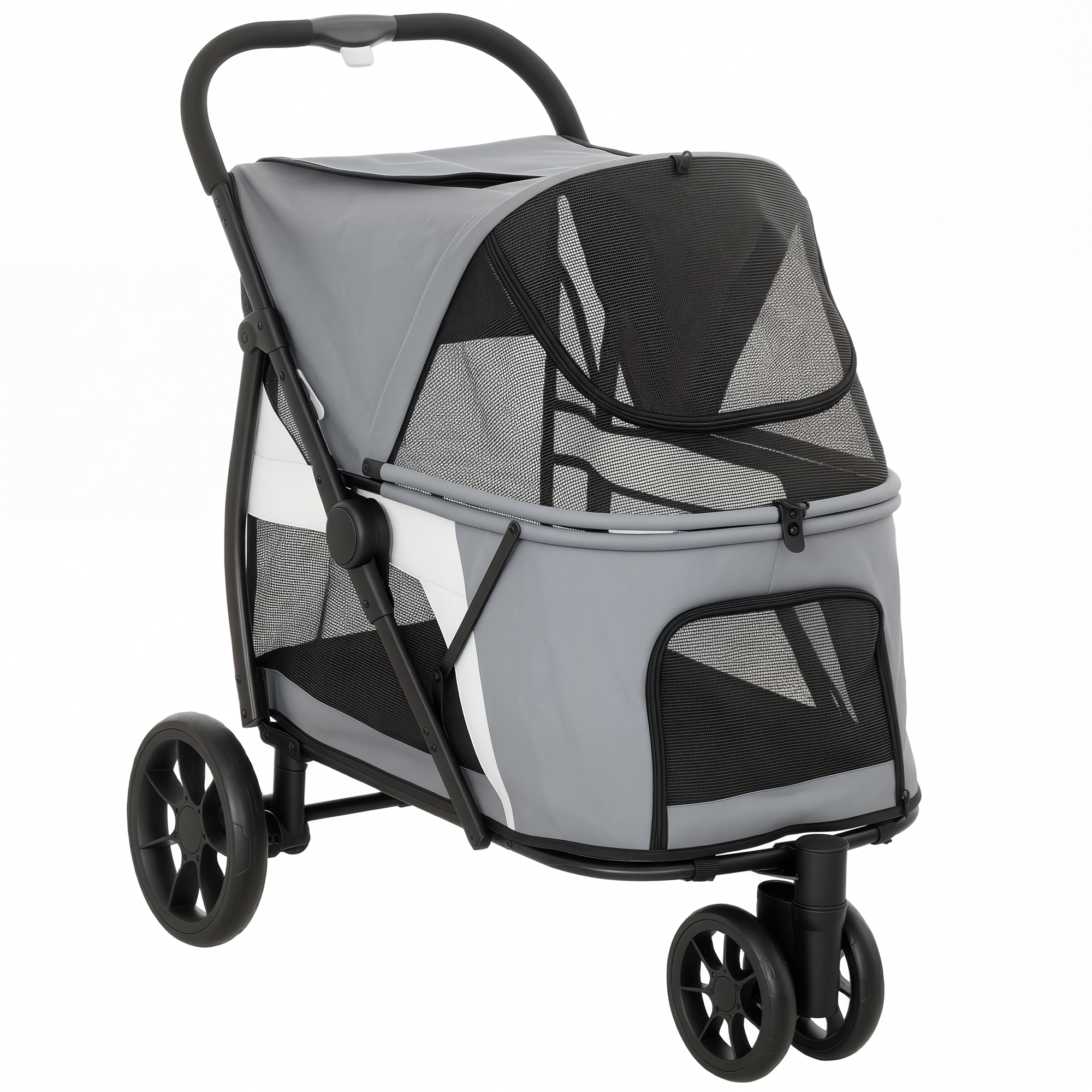 PawHut Hundewagen Hundebuggy Faltbar Katzenwagen bis 20 kg mit waschbarem Kissen, Netzfenstern, 3 Räder, Tür, Rückentasche, Haustierbuggy für kleine mittelgroße Hunde, Grau   Aosom