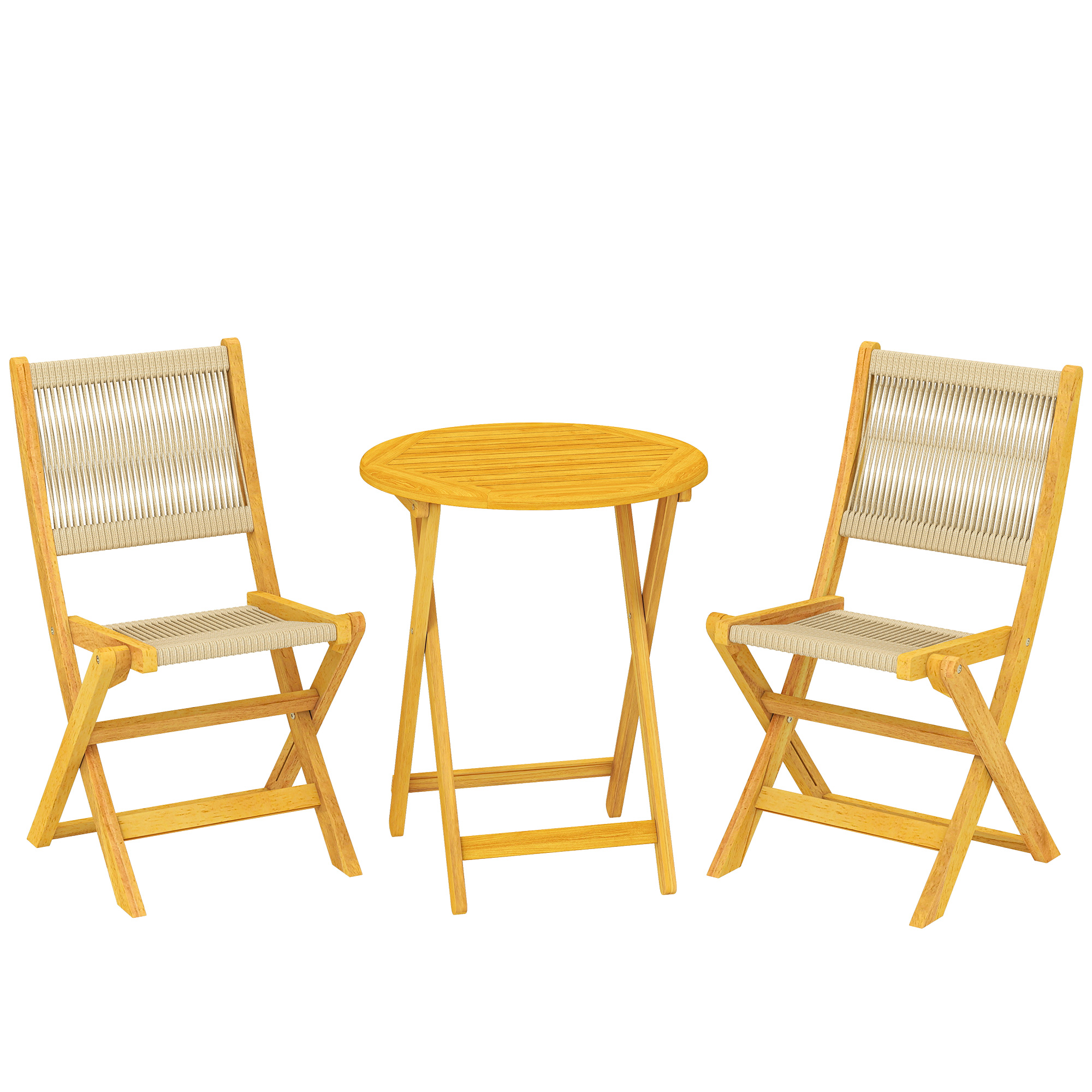 Outsunny Balkonmöbel Set 3 teilig Polyrattan Holz klappbar Gartenmöbel Set mit Tisch 2 Stühle Atmungsaktiv Rattansitz Lamelldesign, Balcony Furniture Sitzgruppe für Garten Balkon Naturholz   Aosom