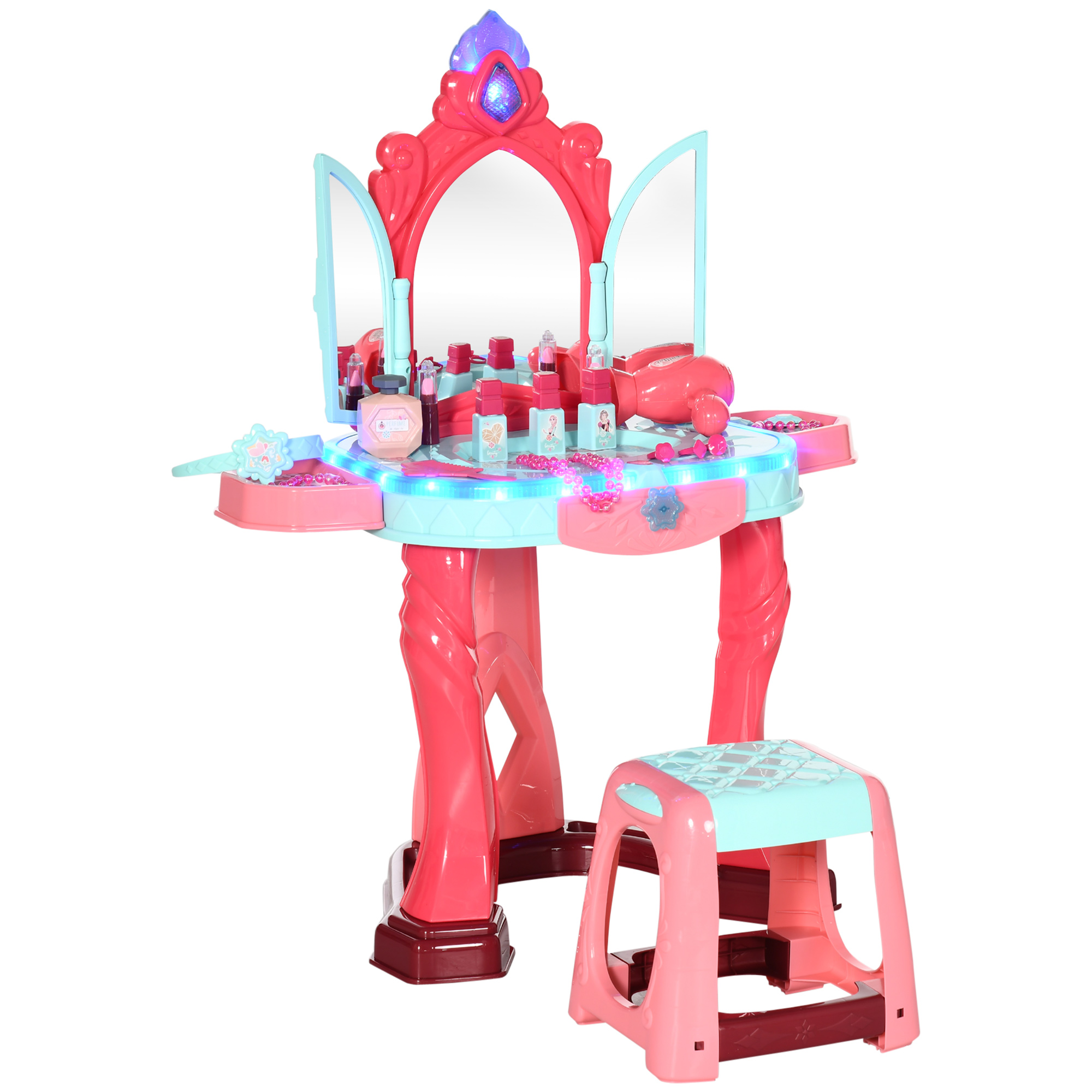 AIYAPLAY Schminktisch für Mädchen mit Hocker, Spiegel, Licht, Musik - Schminktisch mit Ablagen, Accessoires - Spielzeug zum Nachahmen von Make-up und Frisuren für Mädchen 3-6 Jahre, Mehrfarbig Aosom