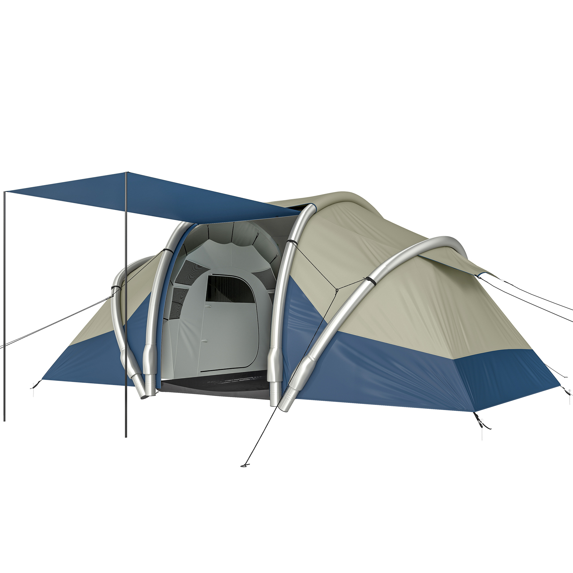 Outsunny Aufblasbares Zelt 4 Personen Schneller Aufbau Outdoor Camping Zelt mit Luftpumpe 2 Schlafzimmer Meshfenster fluoreszierend Heringen Vordach, Wasserdicht Air Glamping Zelte aus Oxfordstoff   Aosom