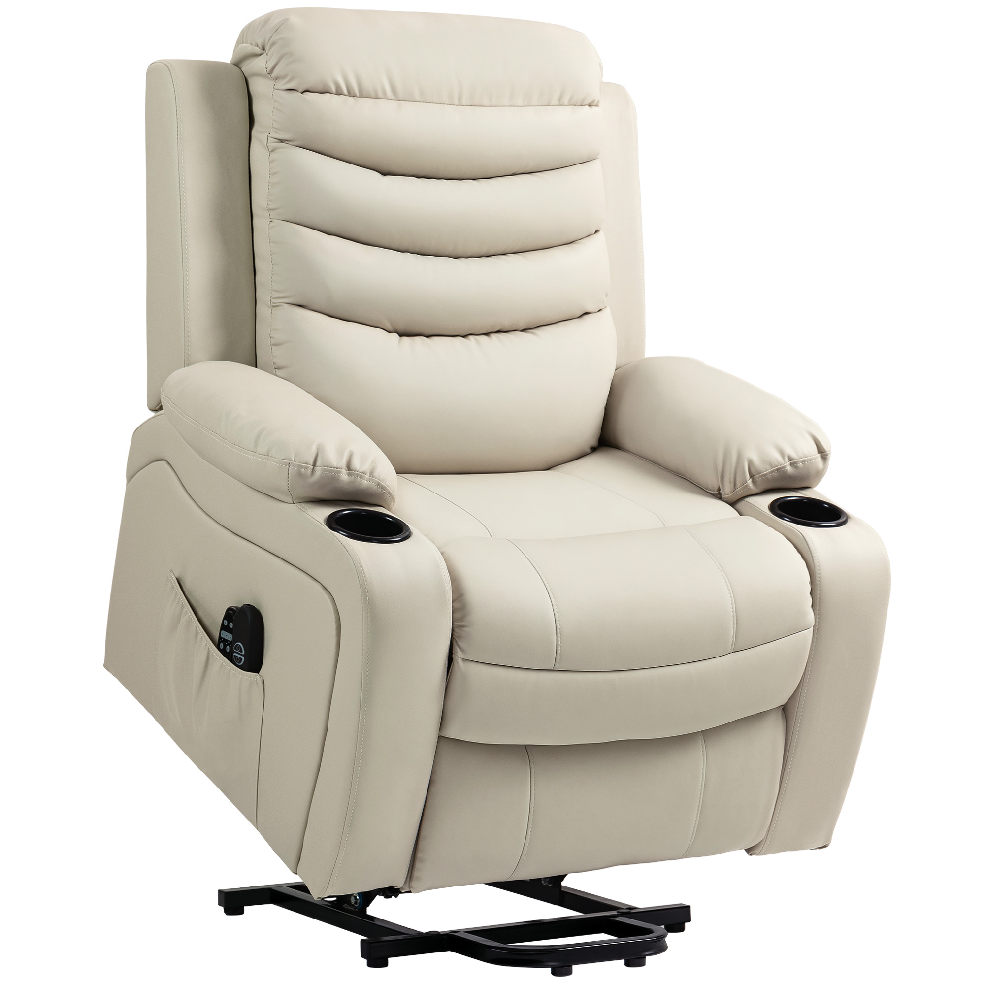 HOMCOM Fernsehsessel Relaxsessel mit Aufstehhilfe Elektrisch Massagesessel mit Liegefunktion, Massage, Heizung, 2 Seitentaschen, Getränkehalter, USB-Anschluss, 2 Fernbedienungen, TV Sessel, PU, Creme Aosom