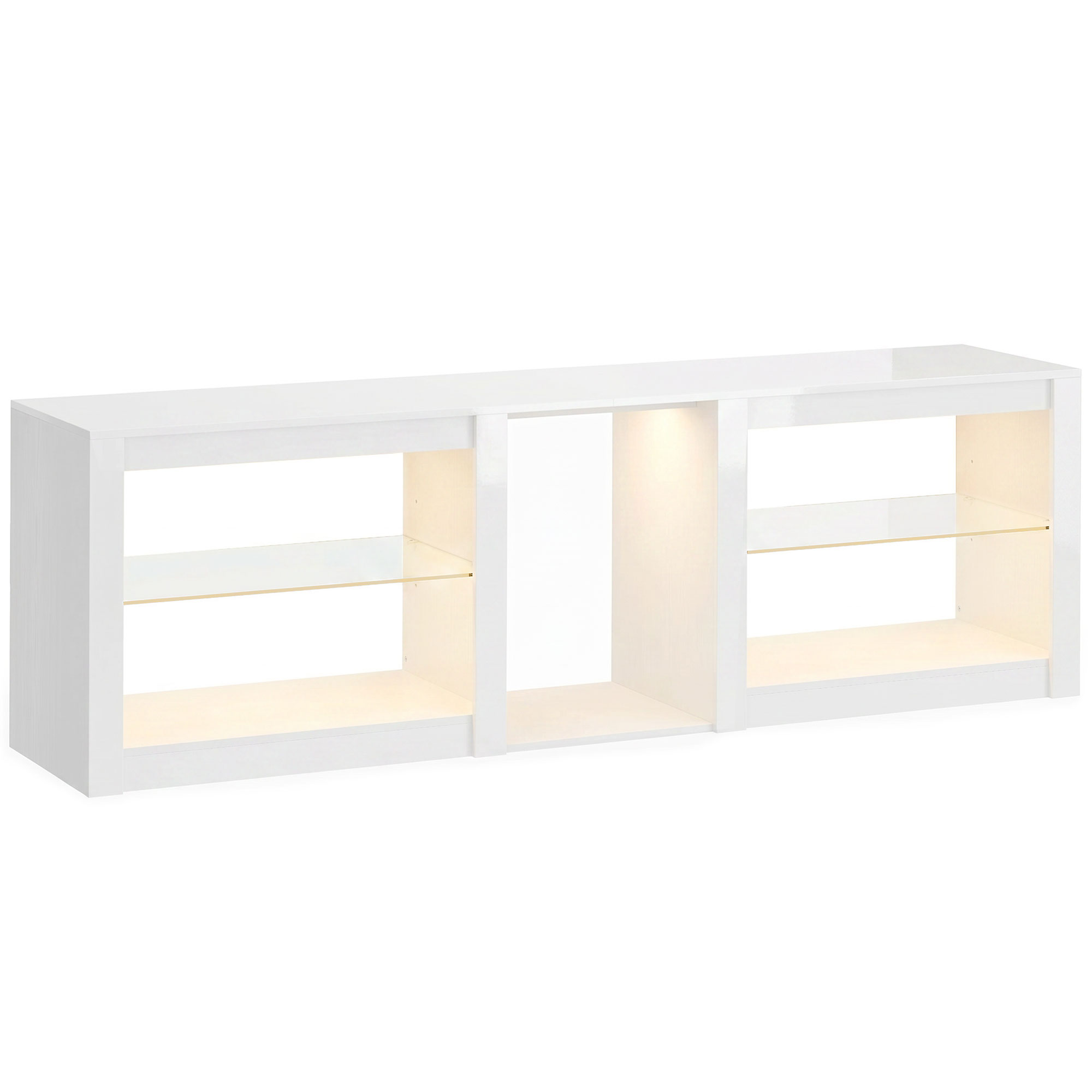HOMCOM TV-Lowboard für Fernseher bis 75 Zoll, Modernes Hochglanz-TV-Möbel mit LED-Beleuchtung, Medienkonsole mit offener Ablage & verstellbaren Glasböden, Weiß Aosom
