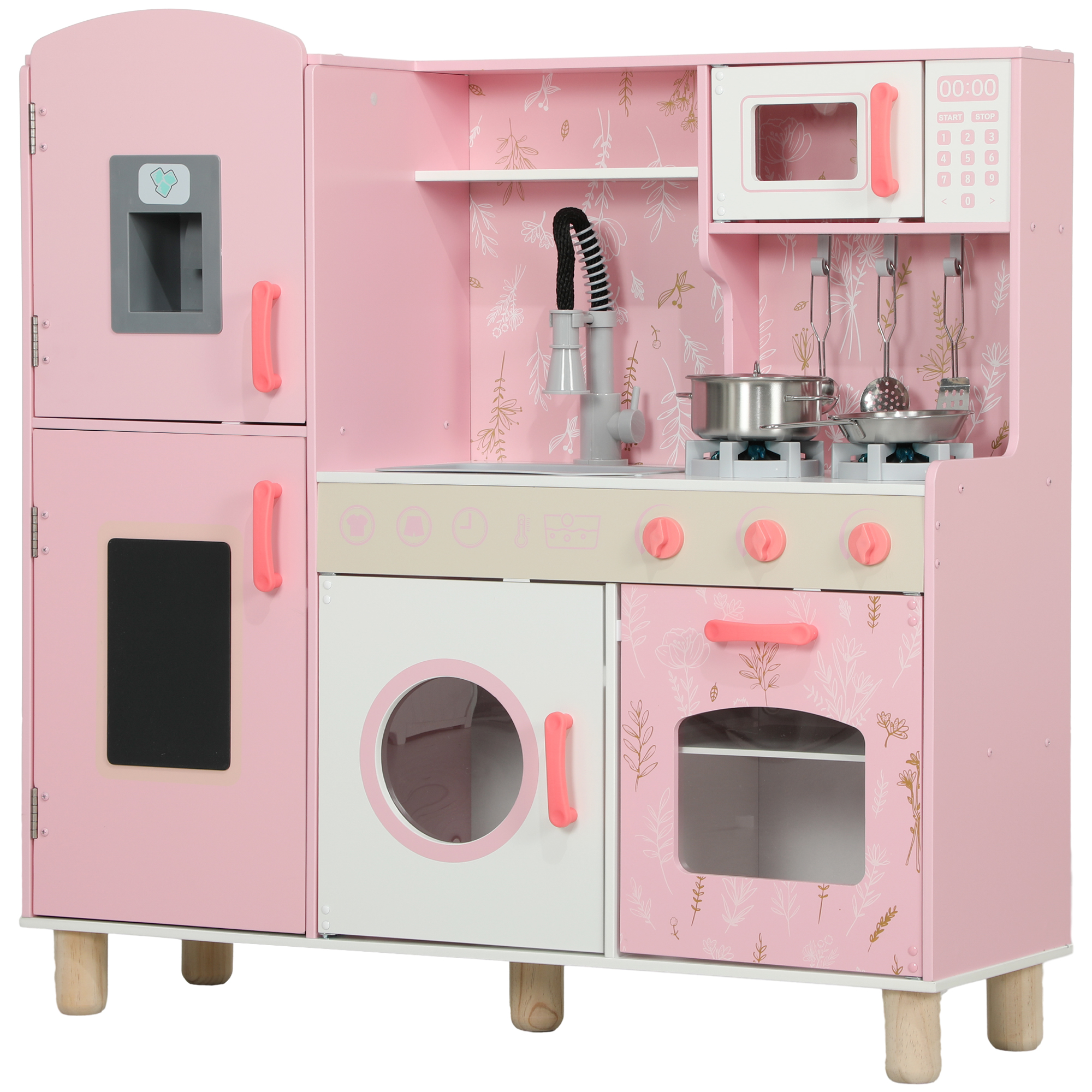 AIYAPLAY Kinderspielküche, Holzspielküche mit Herdplatten, Licht und Sound, Backofen, Mikrowelle, Eismaschine, Waschmaschine, Wasserhahn, Spüle und Zubehör, ab 3 Jahren, Rosa Aosom