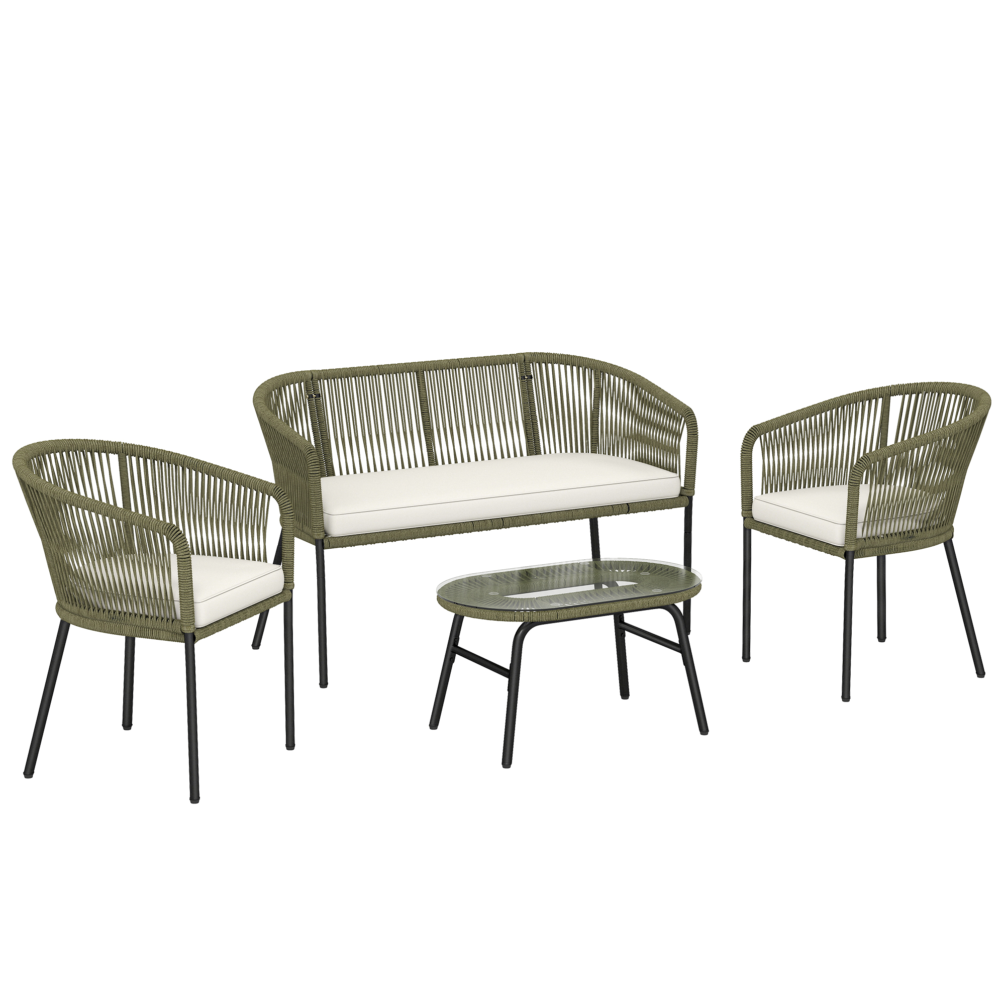 Outsunny Gartenlounge 4 Plätze - rundes PP-Geflecht mit 2-Sitzer Sofa, 2 Sesseln und Couchtisch mit gehärtetem Glas - Gartenmöbel für Balkon & Terrasse mit abnehmbaren Kissenbezügen, Creme Aosom