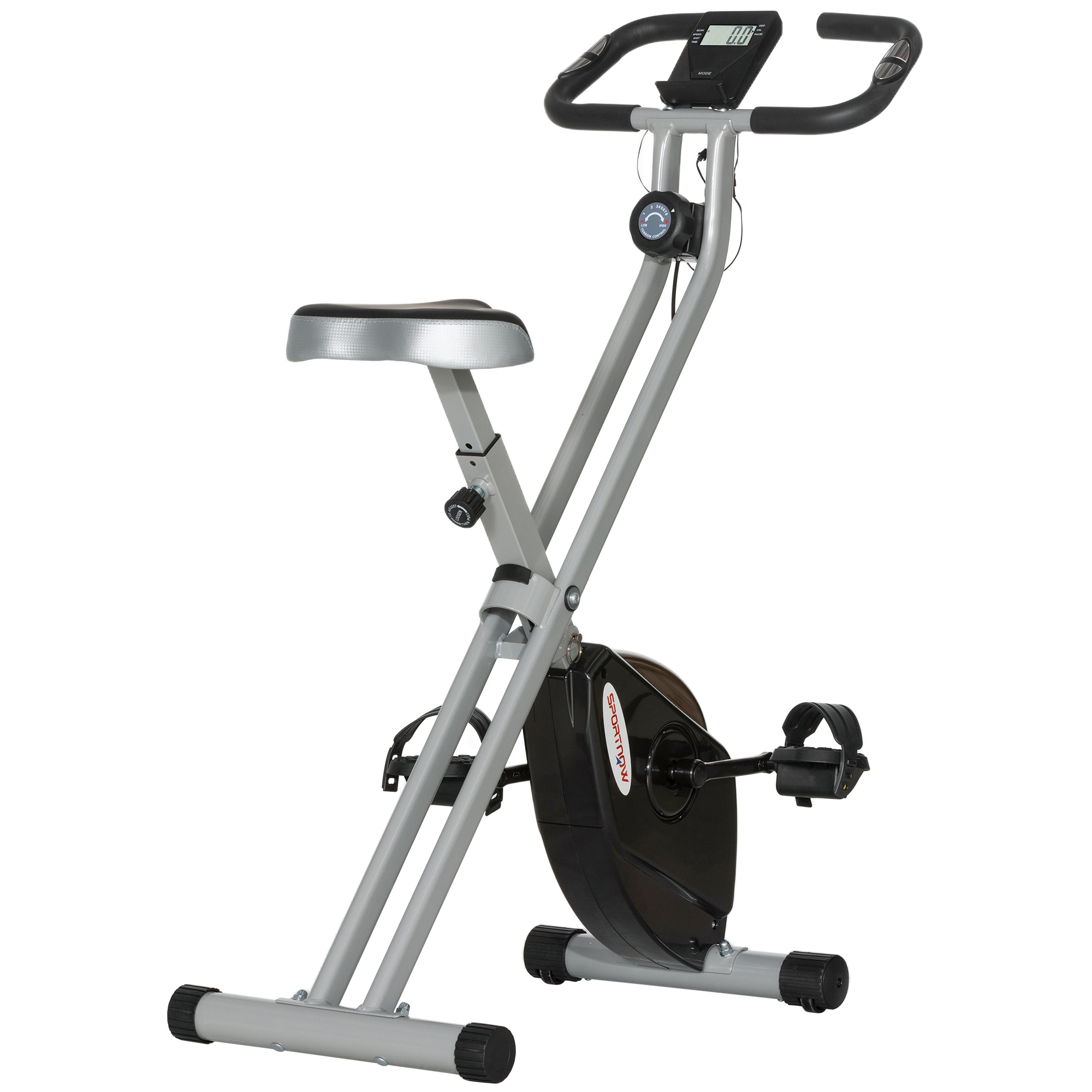 SPORTNOW Klappbarer Magnet-Heimtrainer mit 8 Widerstandsstufen, LCD-Display & Herzfrequenz, Rollen, verstellbarem Sattel und integrierter Halterung, Stahl, Grau und Schwarz Aosom