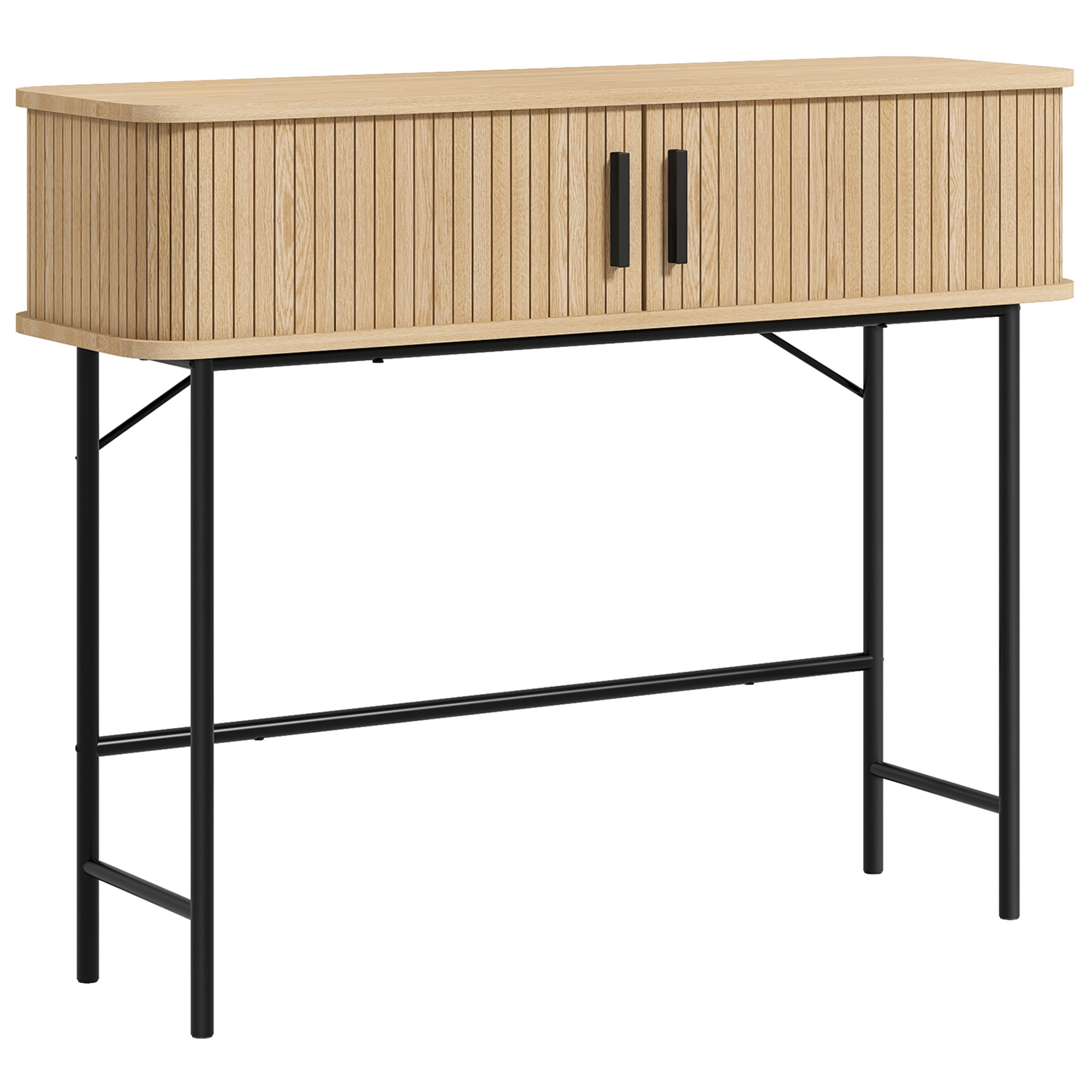 HOMCOM Konsole, Konsolentisch, Eingangstisch mit Lamellen-Schiebetüren und Stahlbeinen, Sofa-Endtisch für Wohnzimmer, Eiche und Schwarz Aosom