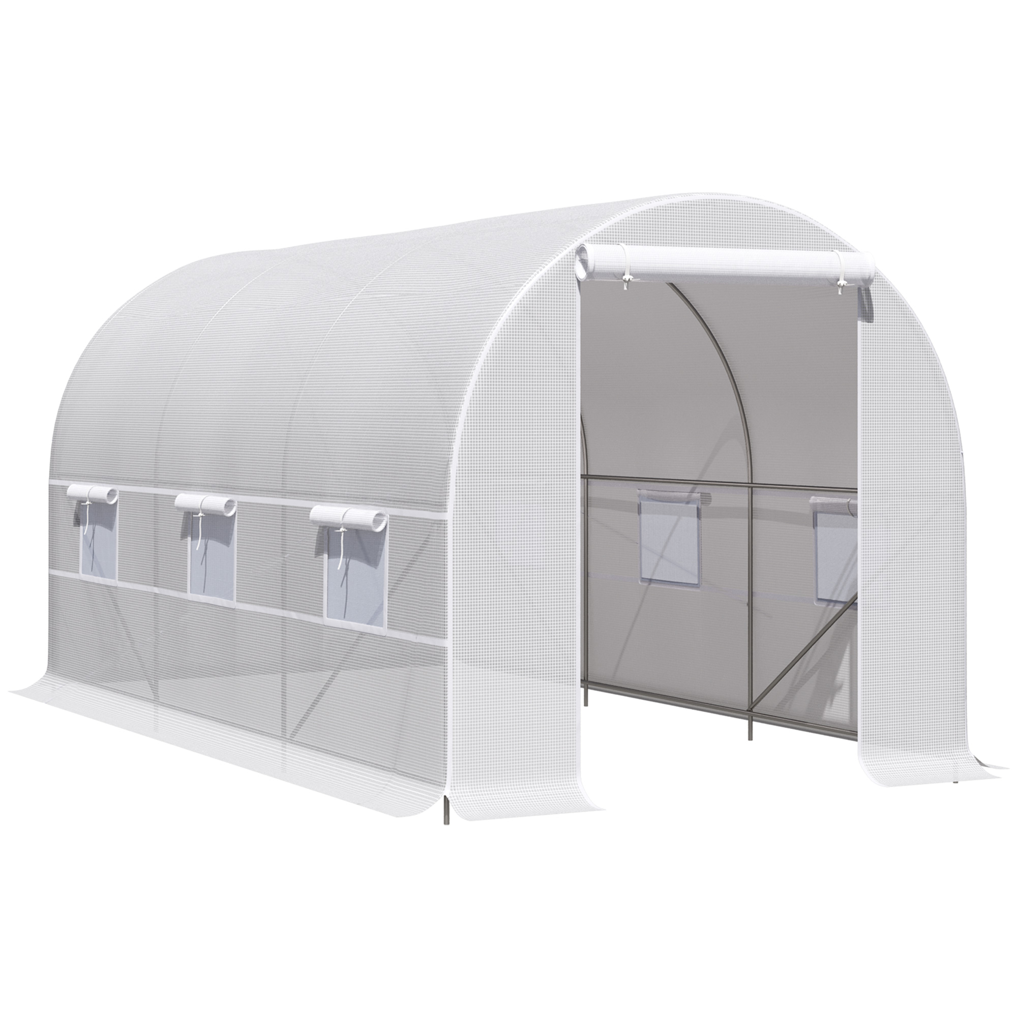 Outsunny Tunnel-Gewächshaus 8m², Tunnel-Gewächshaus 400 x 200 x 200 cm mit Tür und 6 Fenstern, für draußen, ganzjährig, Gemüse, Obst, Blumen, PE-Abdeckung hohe Dichte 140 g/m² weiß   Aosom