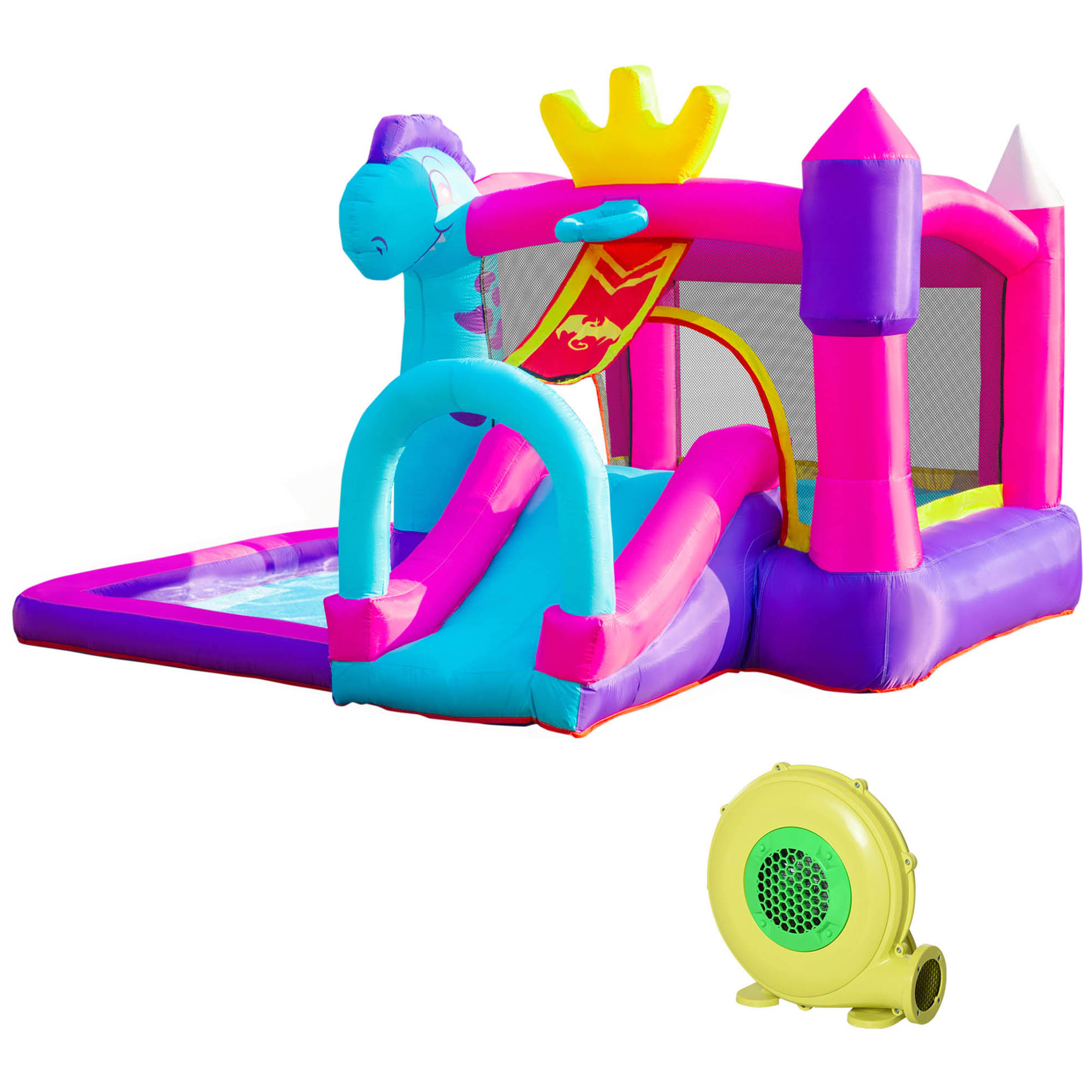 Outsunny Aufblasbares Schloss mit Rutsche, Trampolin, Spielbereich, Pool und Korb für bis zu 3 Kinder ab 3 Jahren, Gebläse und Tragetasche, Gebläse 350W inkl., Maße 300L x 270l x 200H cm, Mehrfarbig Aosom