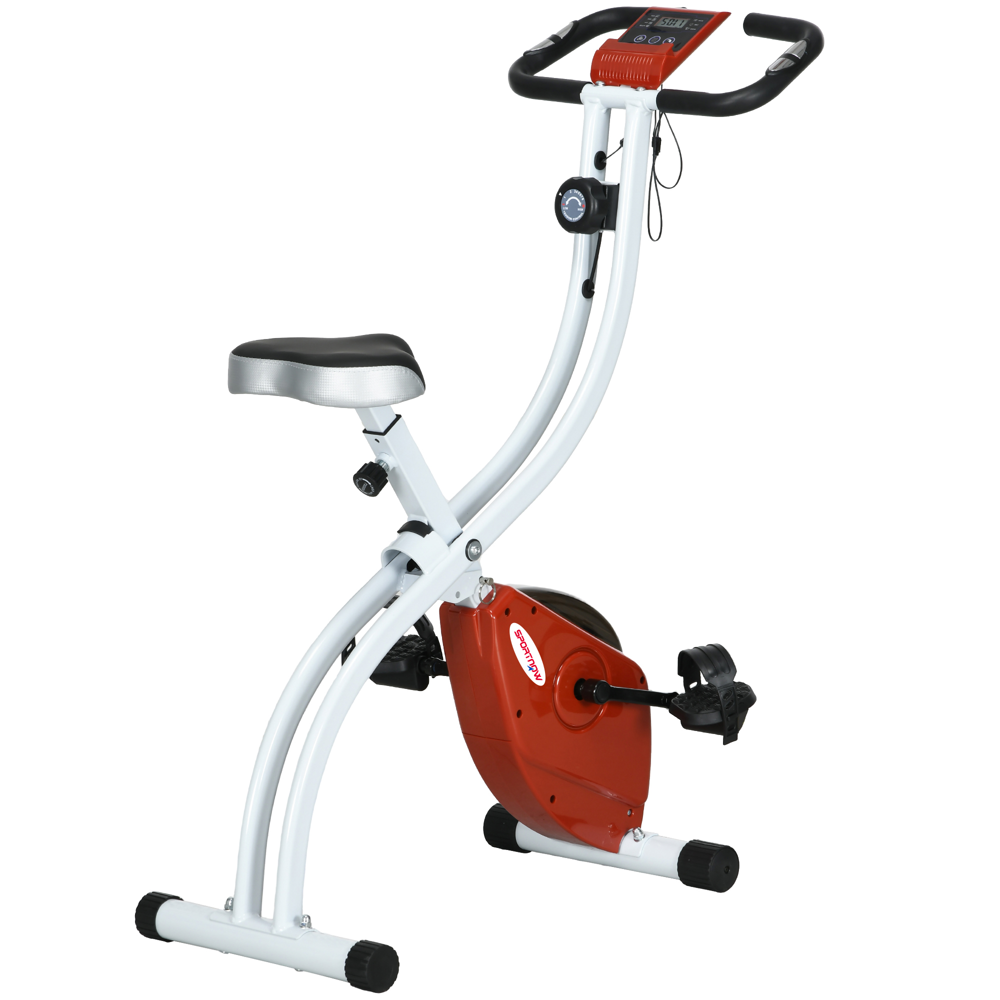 SPORTNOW Klappbarer Magnetischer Heimtrainer mit 8 Widerstandsstufen und LCD-Monitor, Indoor-Bike mit verstellbarem Sitz, Tablet-Halter, Rollen, Pulssensor, aus Stahl, Rot Aosom