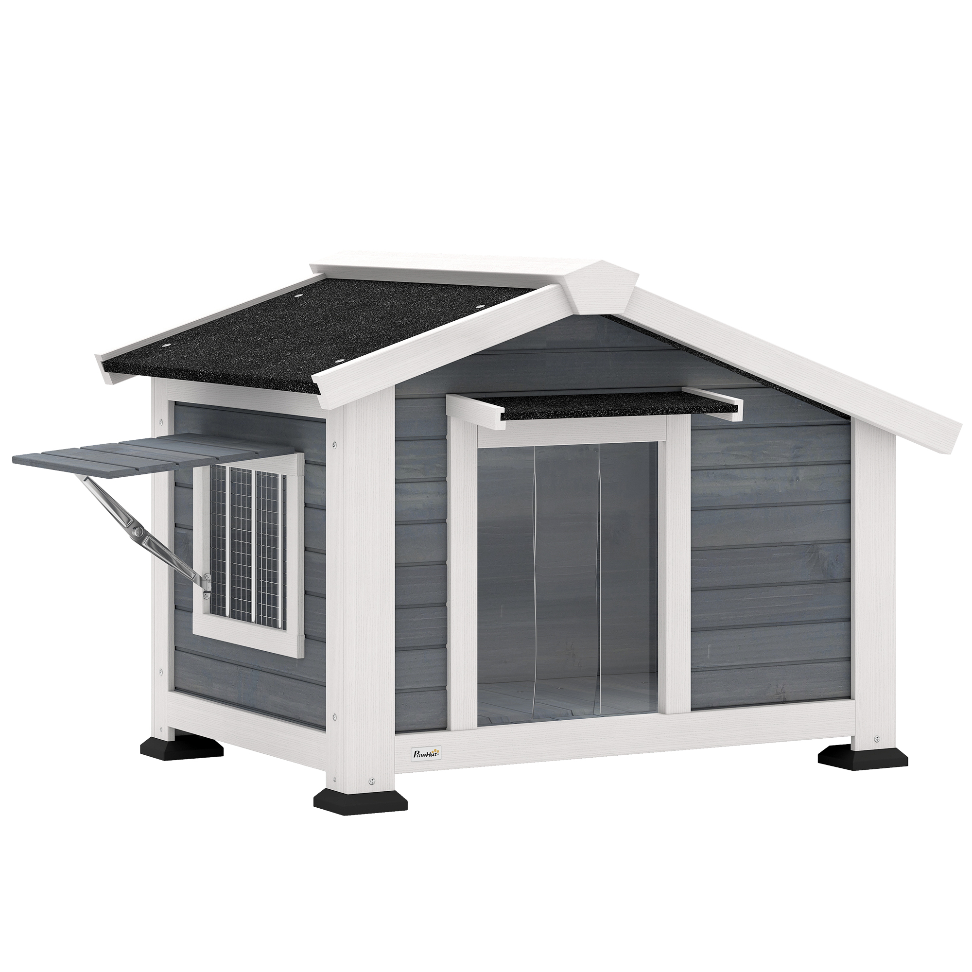 PawHut Hundehütte wetterfestes Hundehaus aus Holz mit herausnehmbarem Boden Asphaltdach öffnendem Fenster Türvorhang 98 x 76 x 69,5 cm Outdoor Hütte für mittelgroße Hunde bis 20 kg Indoor Outdoor Grau   Aosom