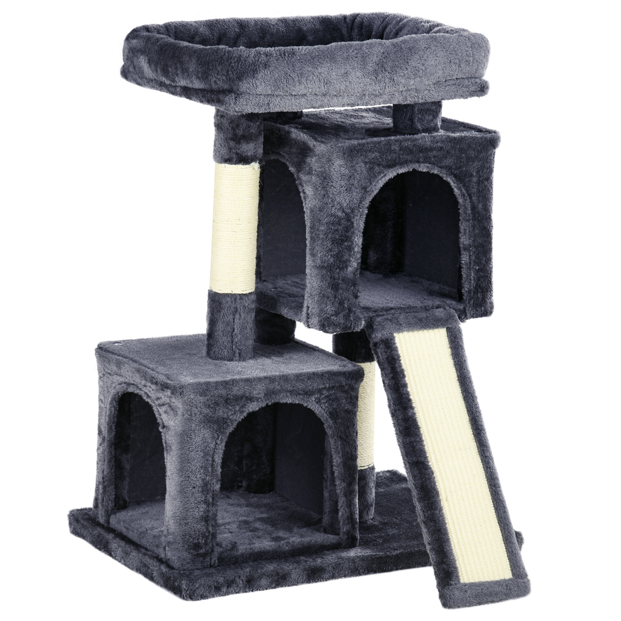 PawHut Sisal Kratzbaum bis 30 kg Katzenbaum mit Sisalsäule Kratzbrett Plüsch dunkelgrau für aktive Katzen Aosom.de