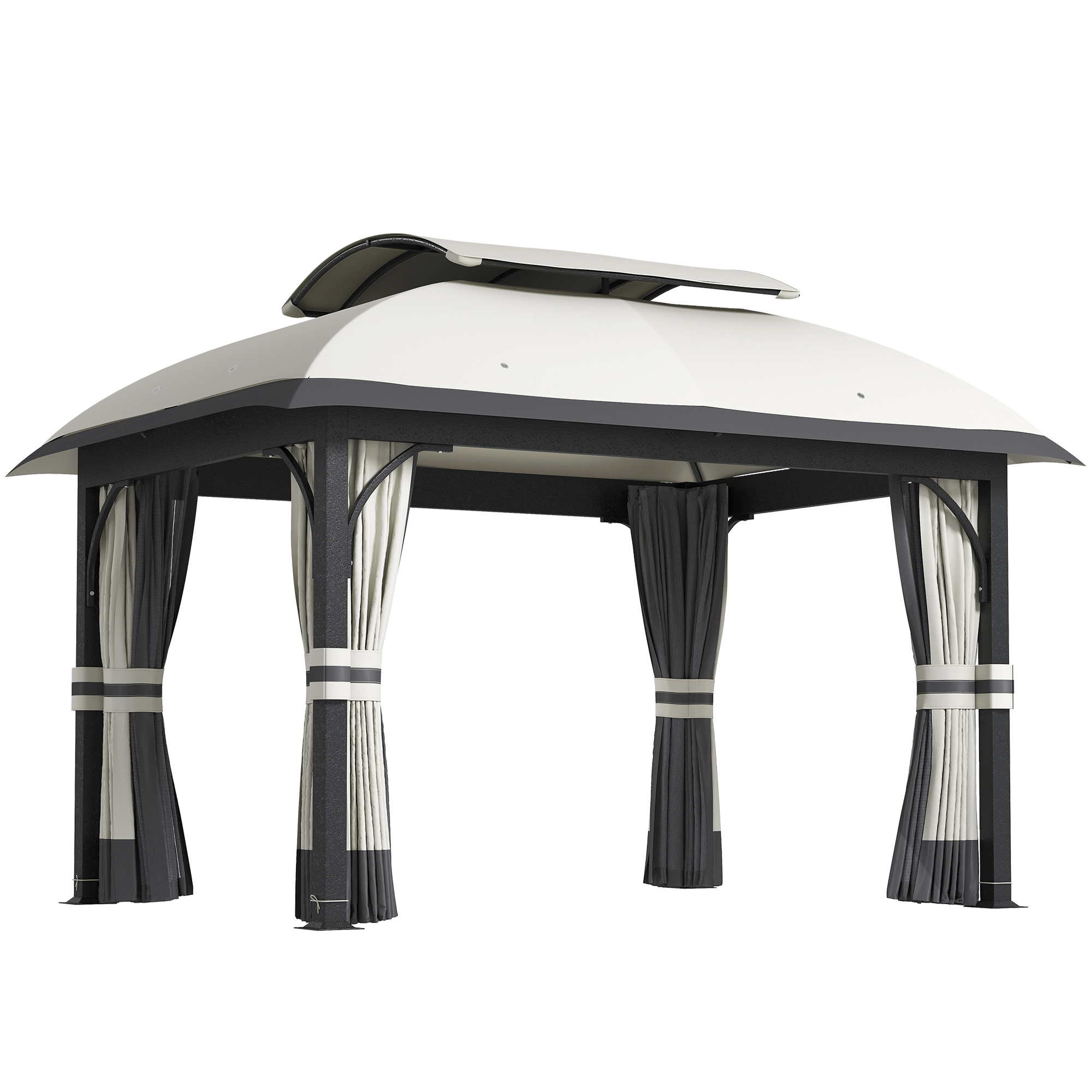 Outsunny Pavillon mit Doppeldach, 4x3,3 m Wasserabweisend Stabil Winterfest Gartenpavillon mit Moskitonetz, Seitenteile, Garten-Pavillon aus verzinktem Metall, für Garten, Terrasse, Hellgrau Aosom