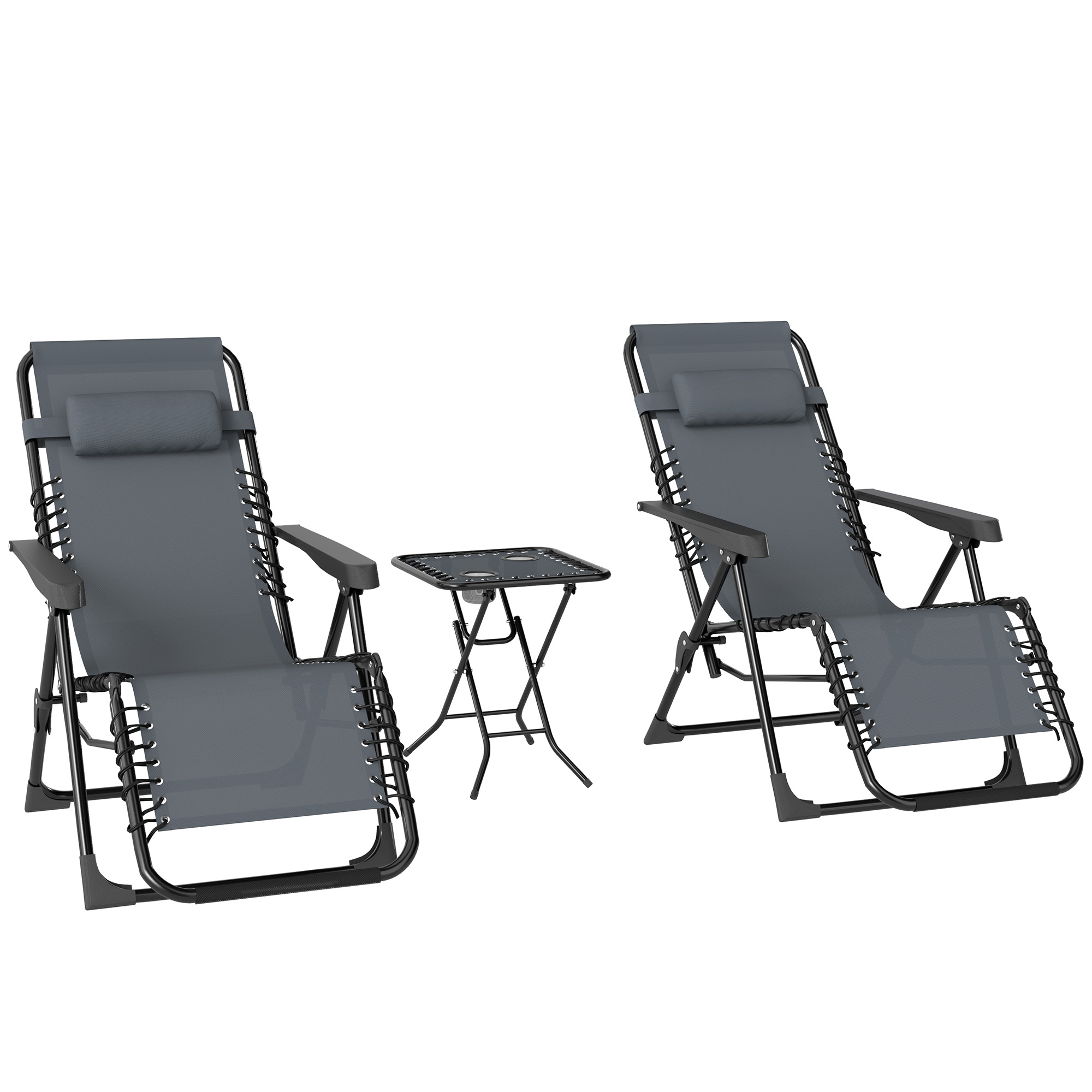 Outsunny Sonnenliege 2er Set klappbar Zero Gravity Liegestuhl mit abnehmbaren Kopfstützen Beistelltisch inklusive 2 Getränkehalter, Extra Breit Gartenliege Relaxliege für Garten Terrasse Pool Grau Aosom